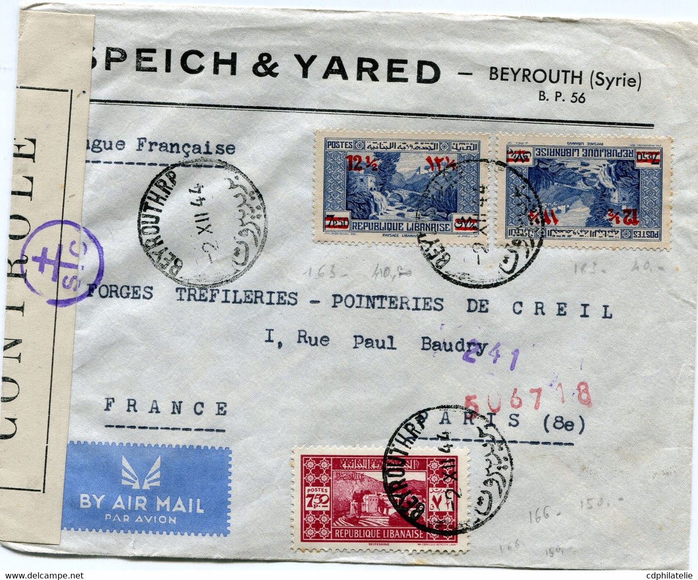 GRAND LIBAN LETTRE PAR AVION CENSUREE DEPART BEYROUTH 2 XII 44 POUR LA FRANCE - Covers & Documents