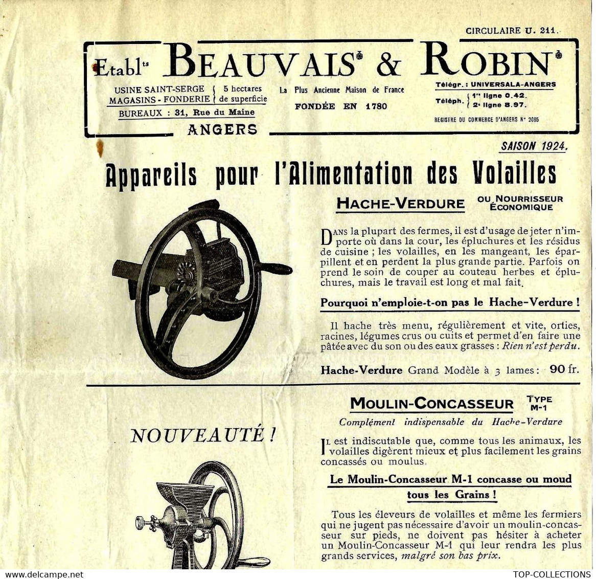 1923  AGRICULTURE ELEVAGE  1923 PUBLICITE BEAUVAIS & ROBIN ANGERS MACHINES AGRICOLES ALIMENTATION DES VOLAILLES B.E. - Publicités