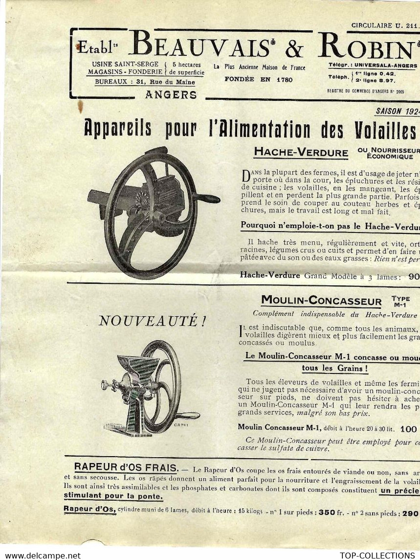 1923  AGRICULTURE ELEVAGE  1923 PUBLICITE BEAUVAIS & ROBIN ANGERS MACHINES AGRICOLES ALIMENTATION DES VOLAILLES B.E. - Werbung