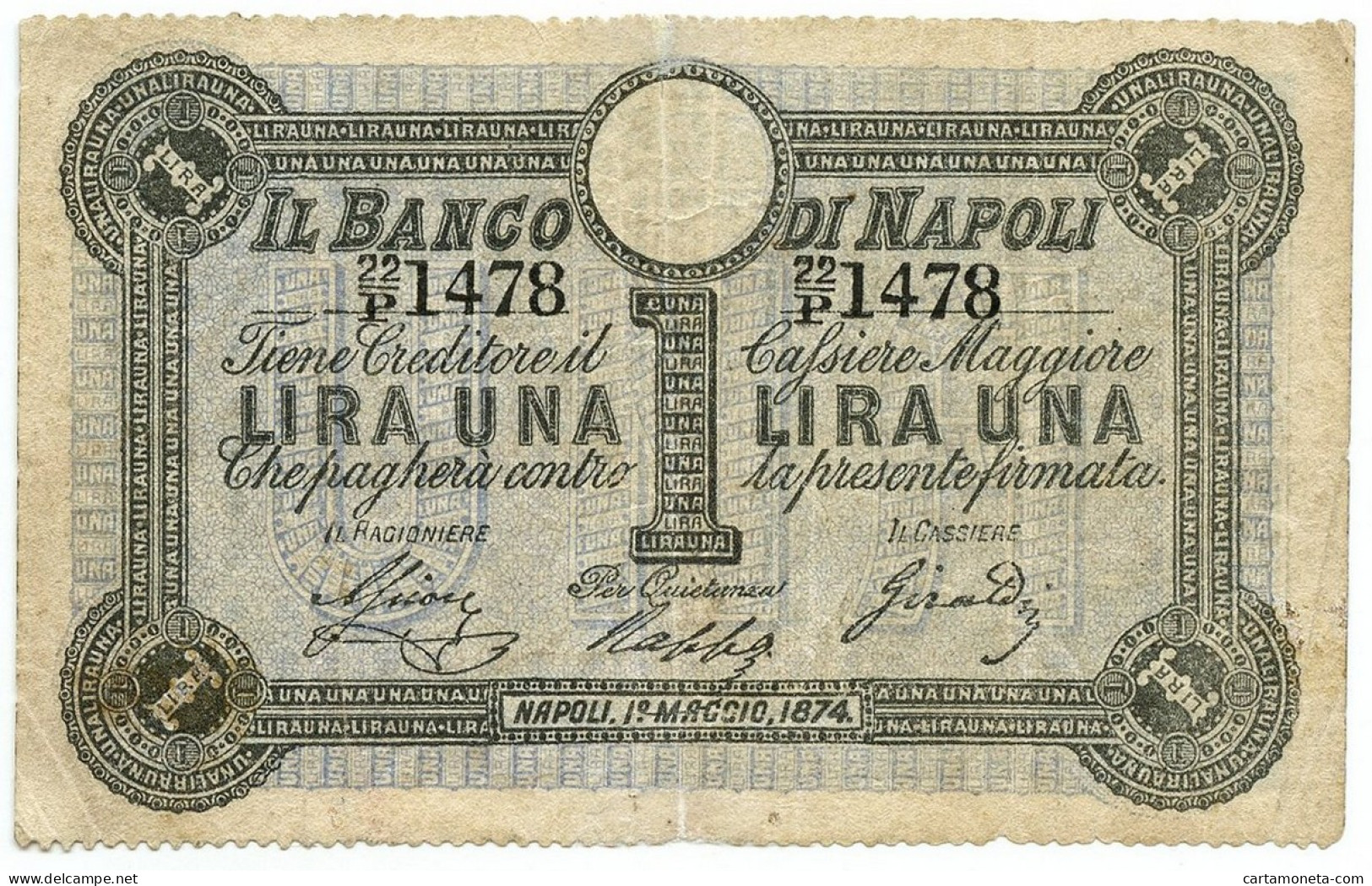 1 LIRA BANCO DI NAPOLI FEDE DI CREDITO 5° TIPO 01/05/1874 BB - Autres & Non Classés