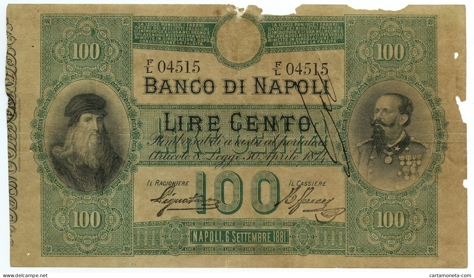 100 LIRE BANCO DI NAPOLI BIGLIETTO AL PORTATORE 06/09/1881 MB/BB - Other & Unclassified