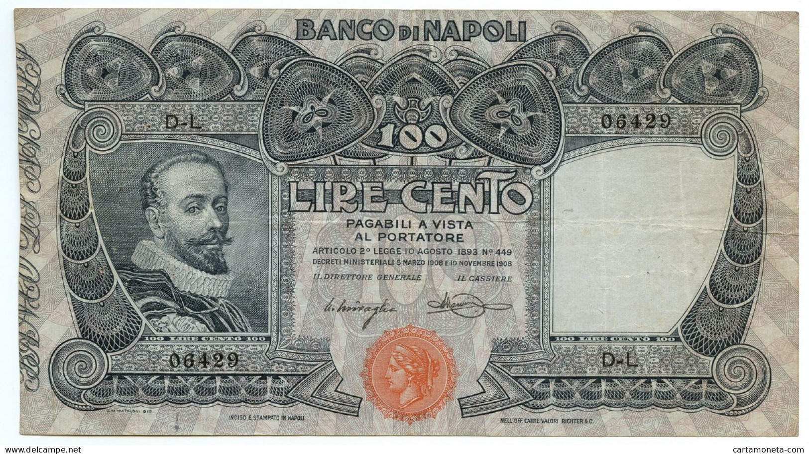 100 LIRE BANCO DI NAPOLI BIGLIETTO AL PORTATORE 10/11/1908 BB/BB+ - Sonstige & Ohne Zuordnung