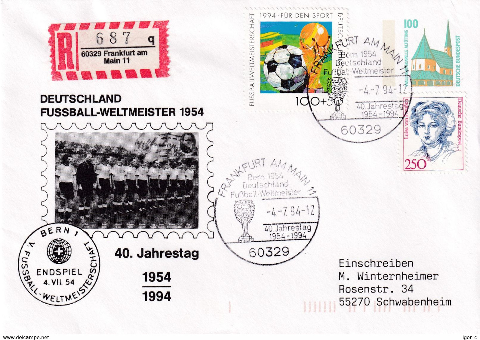 Germany 1994 Registered Cover: Football Soccer Calcio Fussball; FIFA World Cup USA; Wunder Von Bern; 40 Years - 1954 – Suisse