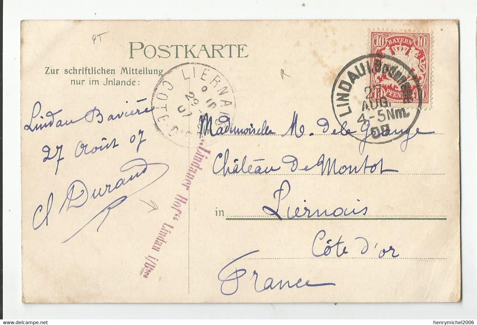 Allemagne Germany Bavière Linau Bodensee Cachet Maritime Bateau" Lindaner Hof " Marcophilie 1907 - Lindau A. Bodensee