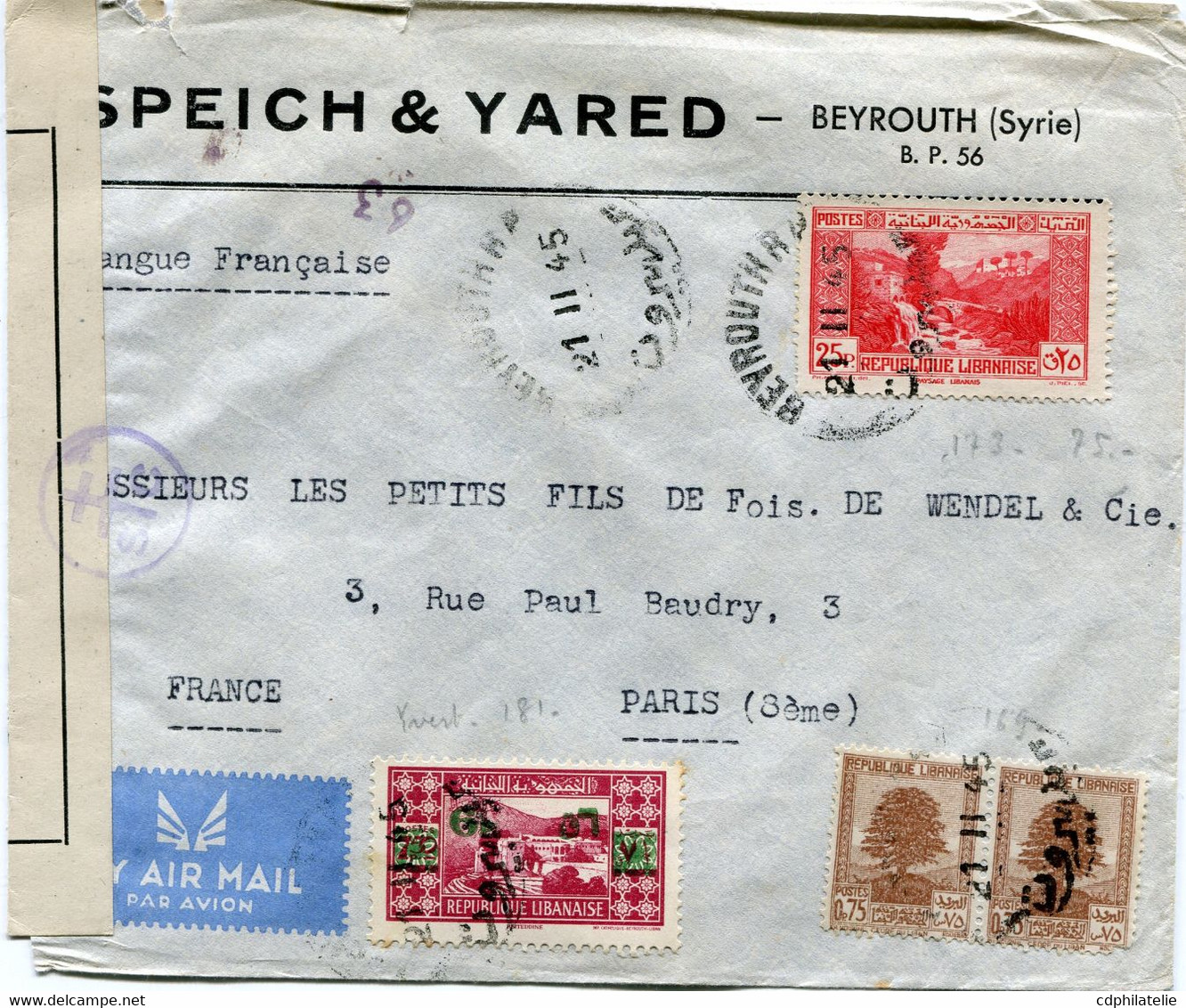 GRAND LIBAN LETTRE PAR AVION CENSUREE DEPART BEYROUTH 21 II 45 POUR LA FRANCE - Covers & Documents