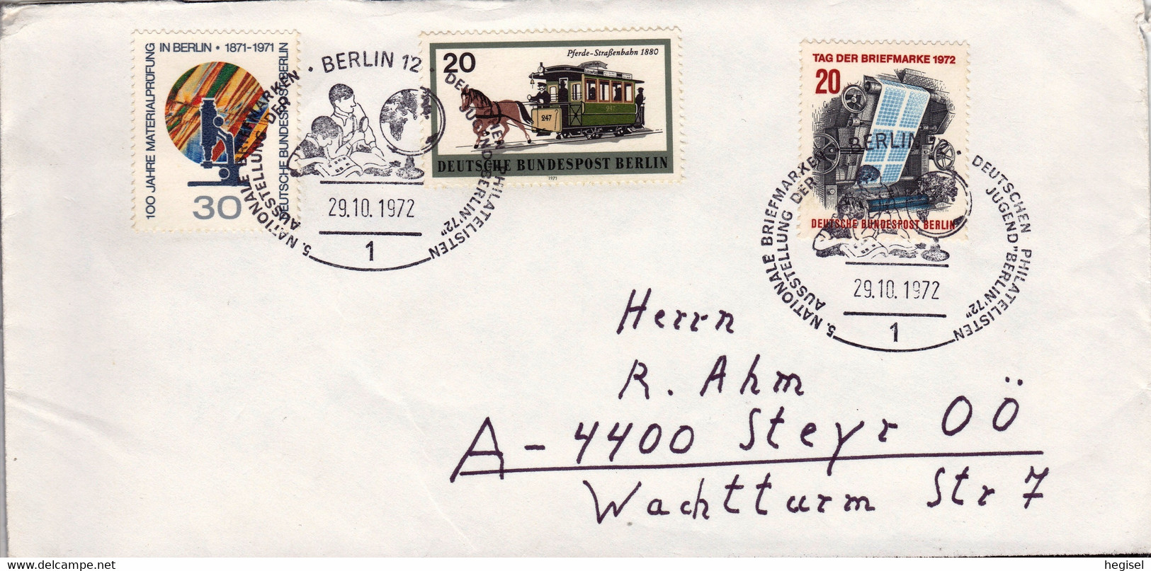 1972, Berlin,"100 Jahre Materialprüfung + Pferde - Straßenbahn + Tag Der Briefmarke", SST., Echt Gelaufen - Privé Briefomslagen - Gebruikt