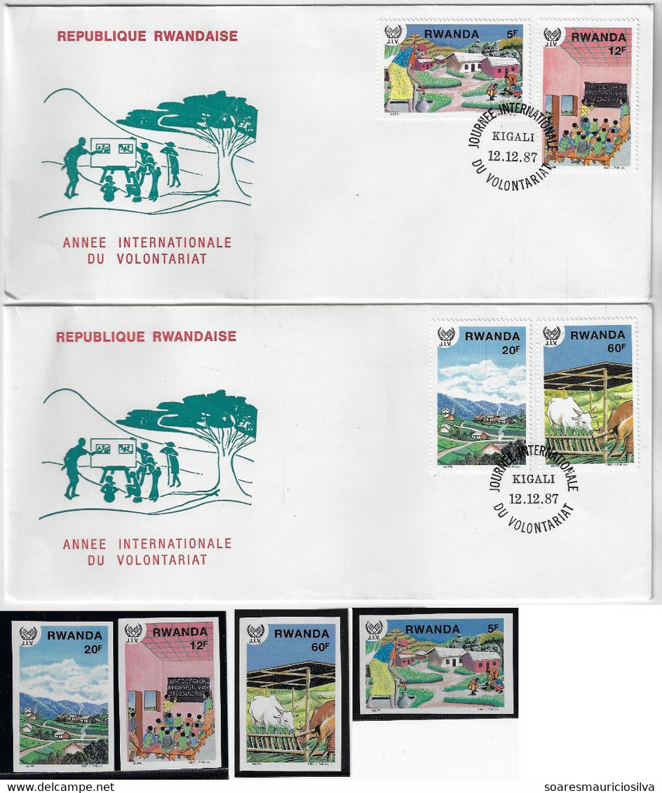 Rwanda 1987 2 First Day Cover FDC + 4 Stamp Complete Series International Year Of Volunteering Cattle Home Education - 1980-1989