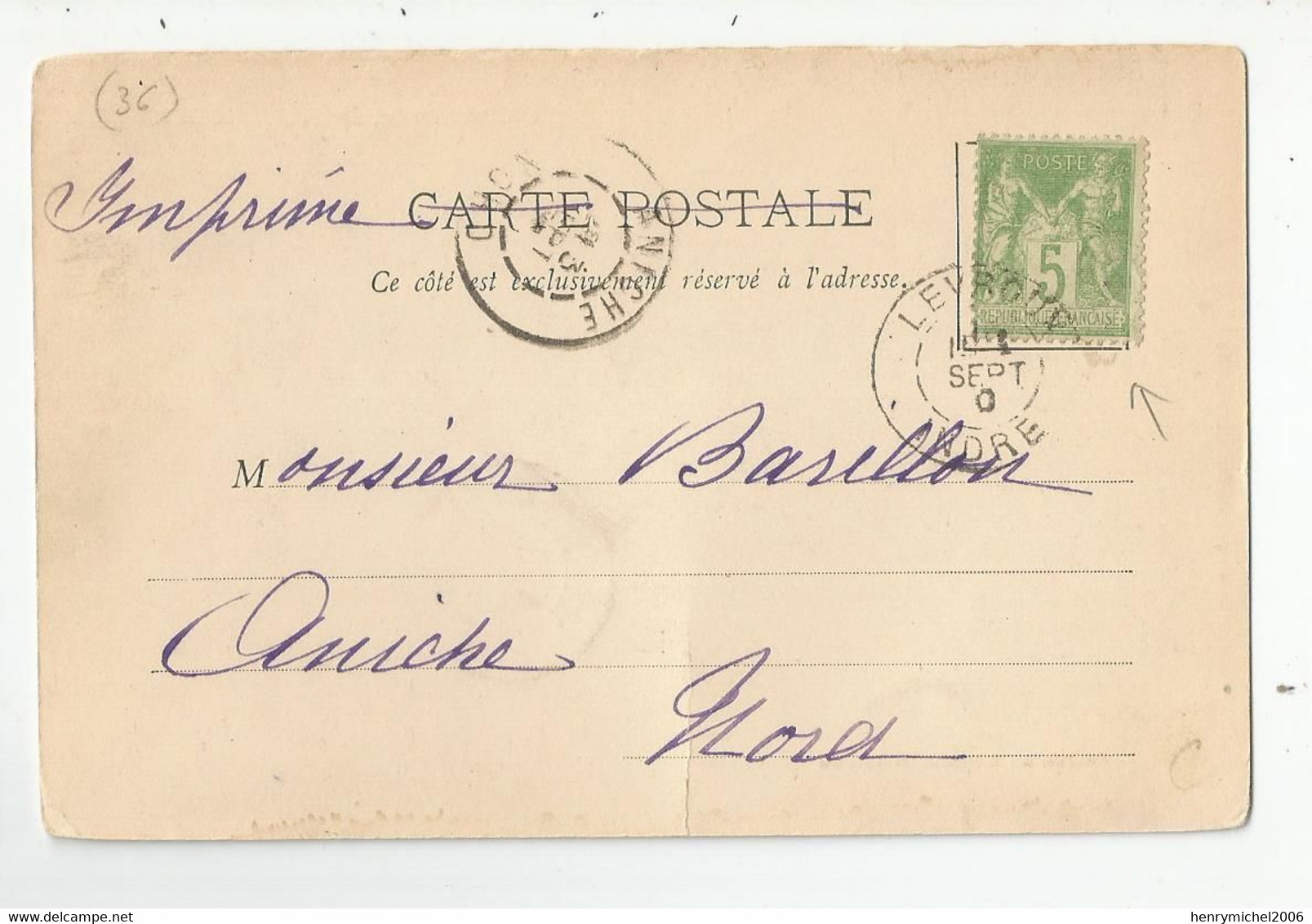 Cpa Chateauroux A Aniche 59 Nord Cachet Sans Date 1900 Et Levroux 36 Indre Cachet 0 , Timbre Type Sage 5 Centimes Vert - 1877-1920: Semi-Moderne