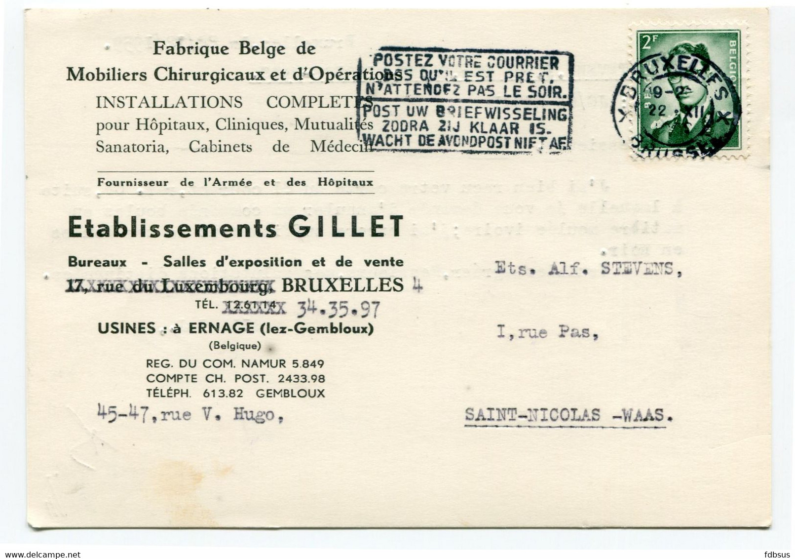 1959 Kaart Van Ets. GILLET Bruxelles 4 Naar St Niklaas - Ref 14 - Fabrique Mobiliers Chirurgicaux Pour Cliniques - ...-1959