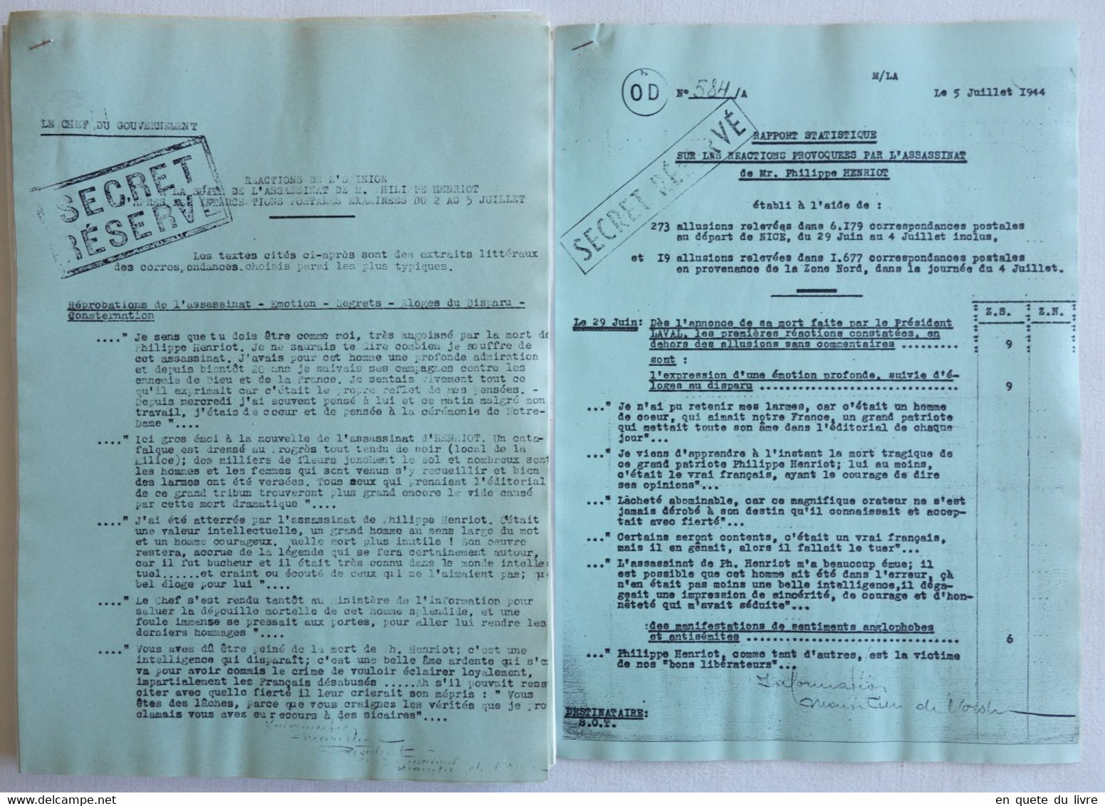 Copies Rapports Statistiques Renseignements / éditoriaux & Assassinat Philippe Henriot - Collaboration / Milice / Vichy - 1939-45