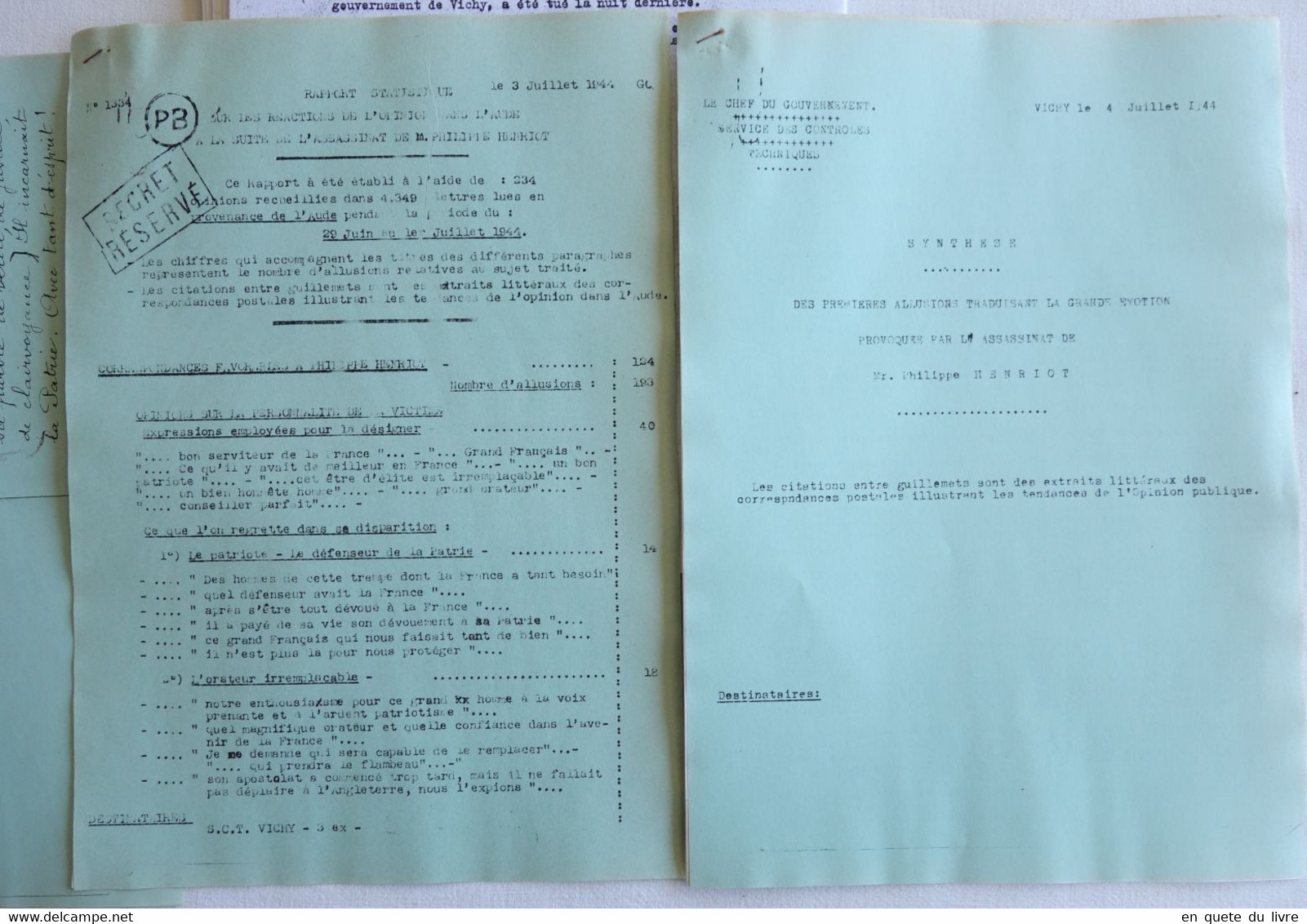 Copies Rapports Statistiques Renseignements / éditoriaux & Assassinat Philippe Henriot - Collaboration / Milice / Vichy - 1939-45