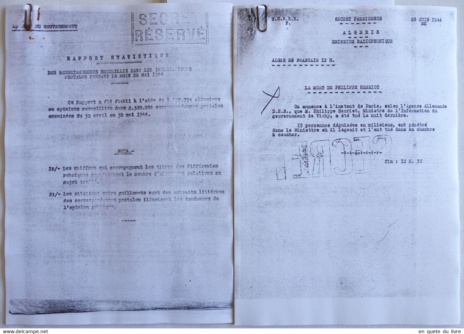 Copies Rapports Statistiques Renseignements / éditoriaux & Assassinat Philippe Henriot - Collaboration / Milice / Vichy - 1939-45