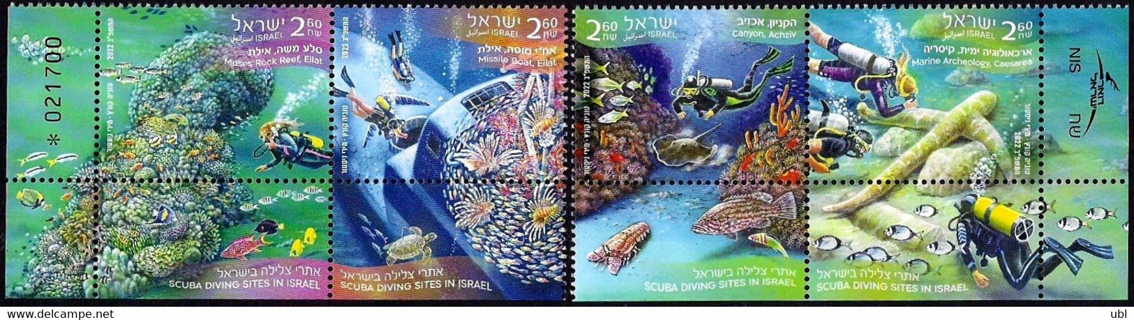 Israel 2022, Scuba Diving Sites In Israel, A Set Of 4 Stamps With Tabs - MNH - Immersione