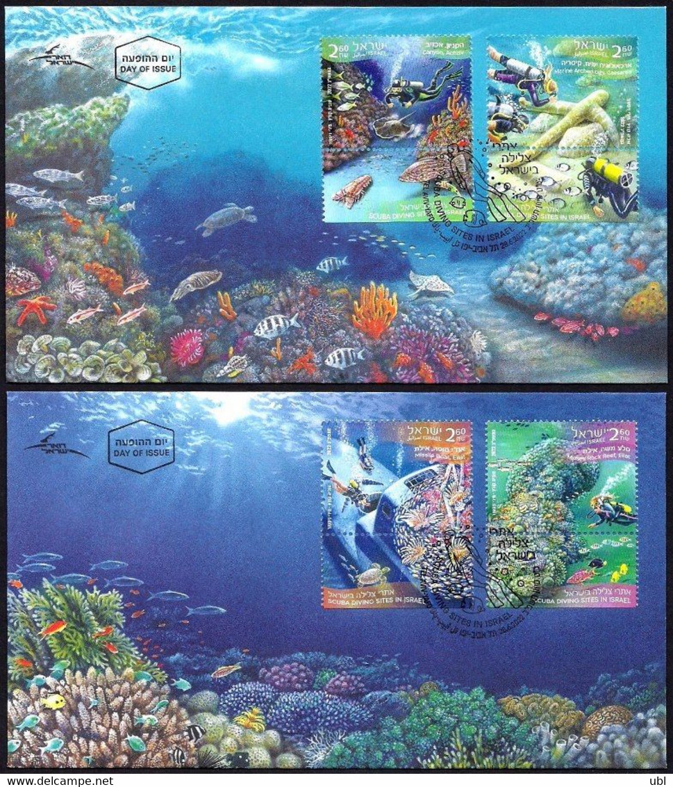 Israel 2022, Scuba Diving Sites In Israel, A Set Of 4 Stamps With Tabs On 2 FDC's - Tauchen