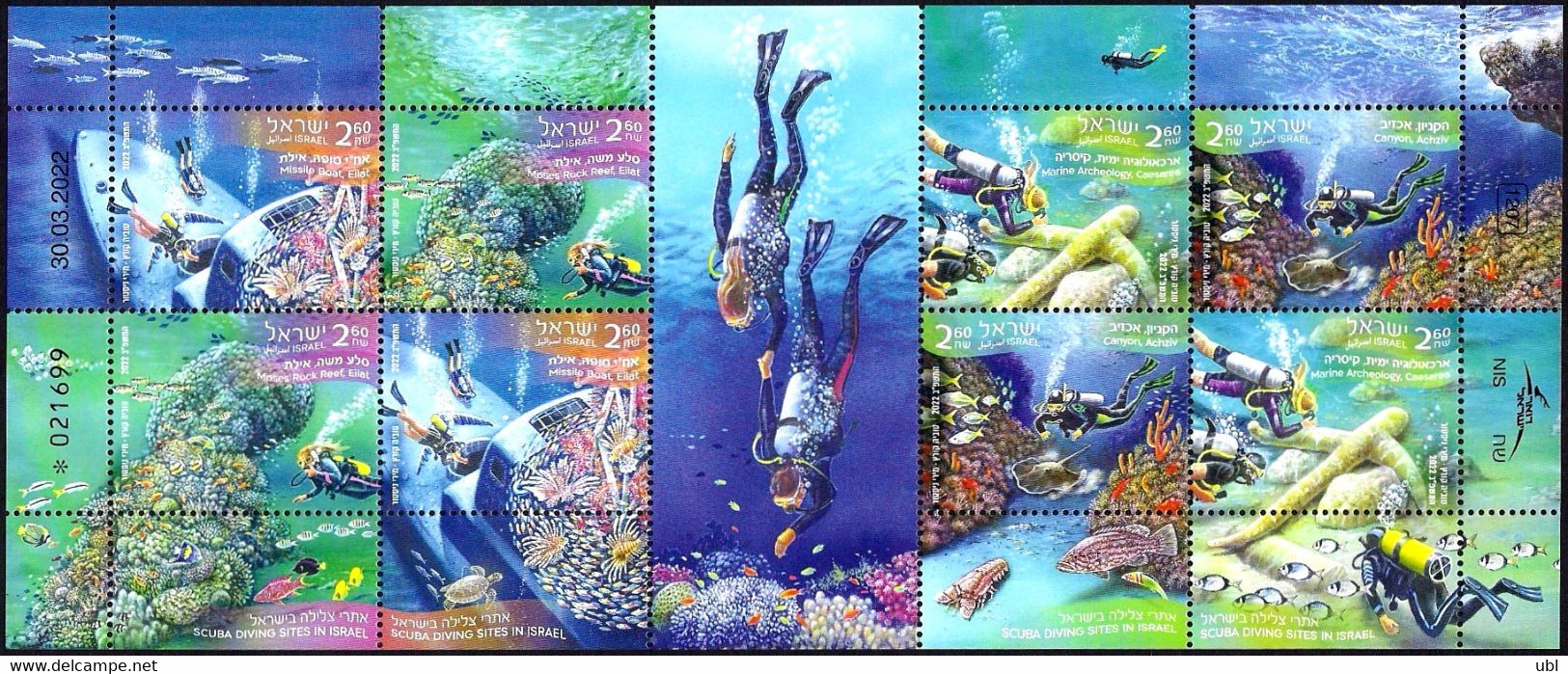 Israel 2022, Scuba Diving Sites In Israel, A Decorative Sheet Of 8 Stamps - MNH - Plongée