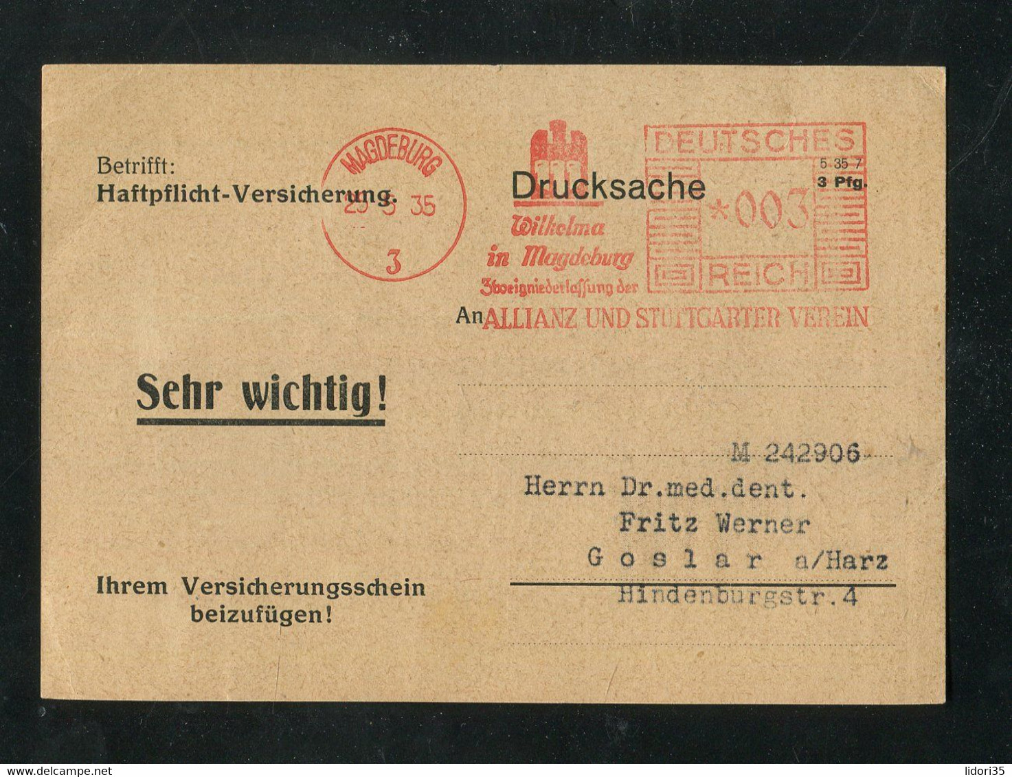 Deutsches Reich / 1935 / Freistempel "MAGDEBURG, Allianz", Rs. Zudruck "Haftpflicht-Versicherung" (E619) - Máquinas Franqueo (EMA)