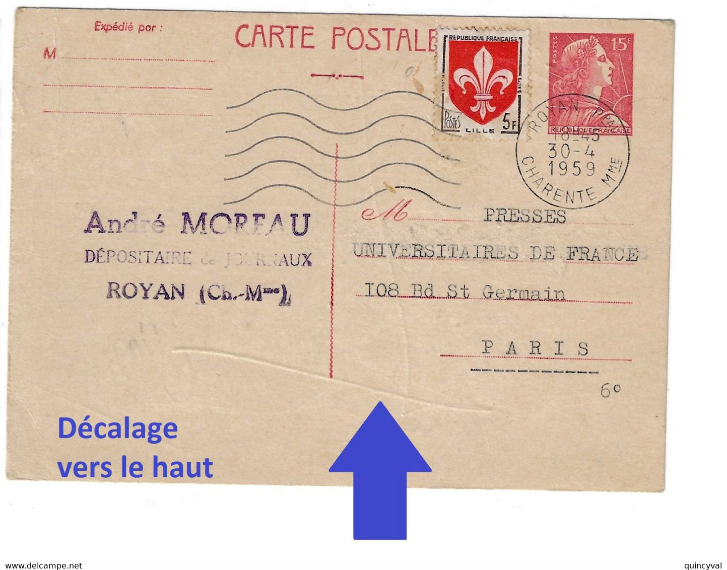 ROYAN Charente Carte Postale Entier 15 F Muller Compl 5F Lille VARIETE Décalage Découpe Vers Le HAUT Yv 1011-CP 1186 - Standard Postcards & Stamped On Demand (before 1995)