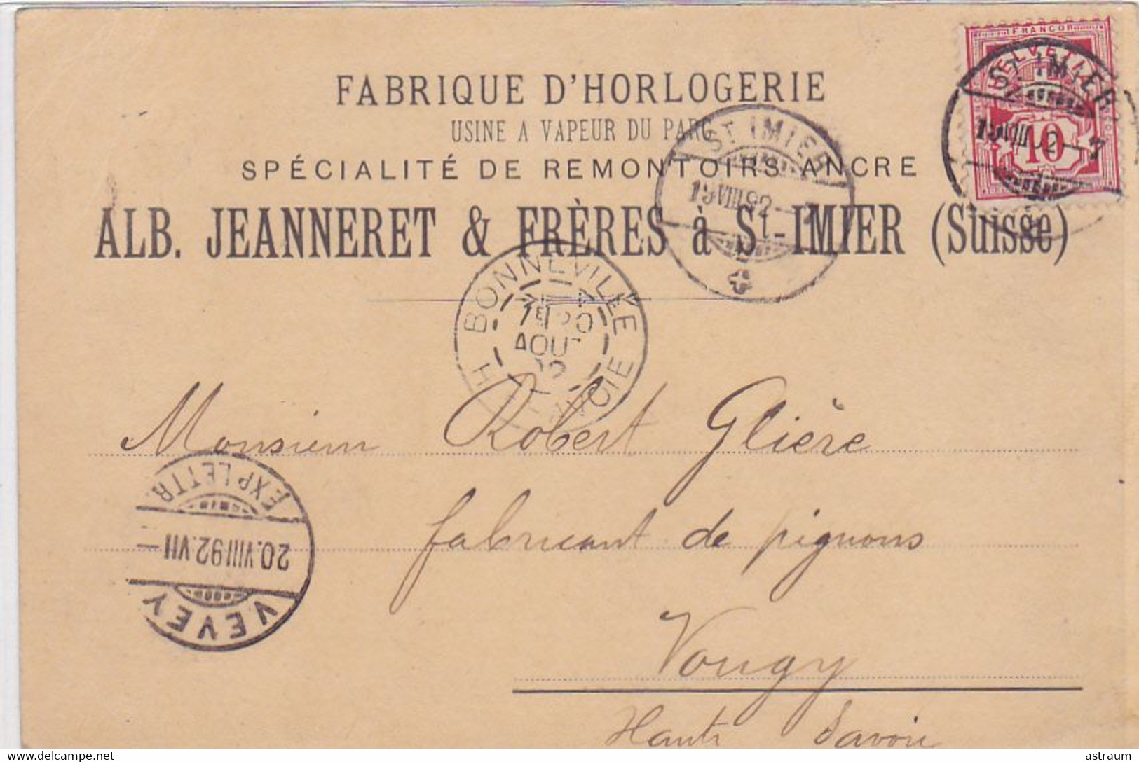 Cpa (commerciale)-sui- St Imier -- Fabrique D'horlogerie Alb.Jeanneret & Freres 19 Aout 1892 - Saint-Imier 