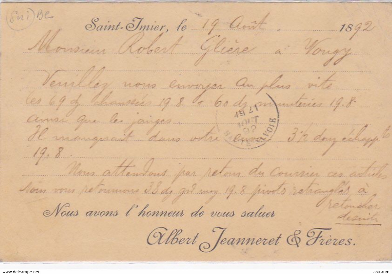 Cpa (commerciale)-sui- St Imier -- Fabrique D'horlogerie Alb.Jeanneret & Freres 19 Aout 1892 - Saint-Imier 