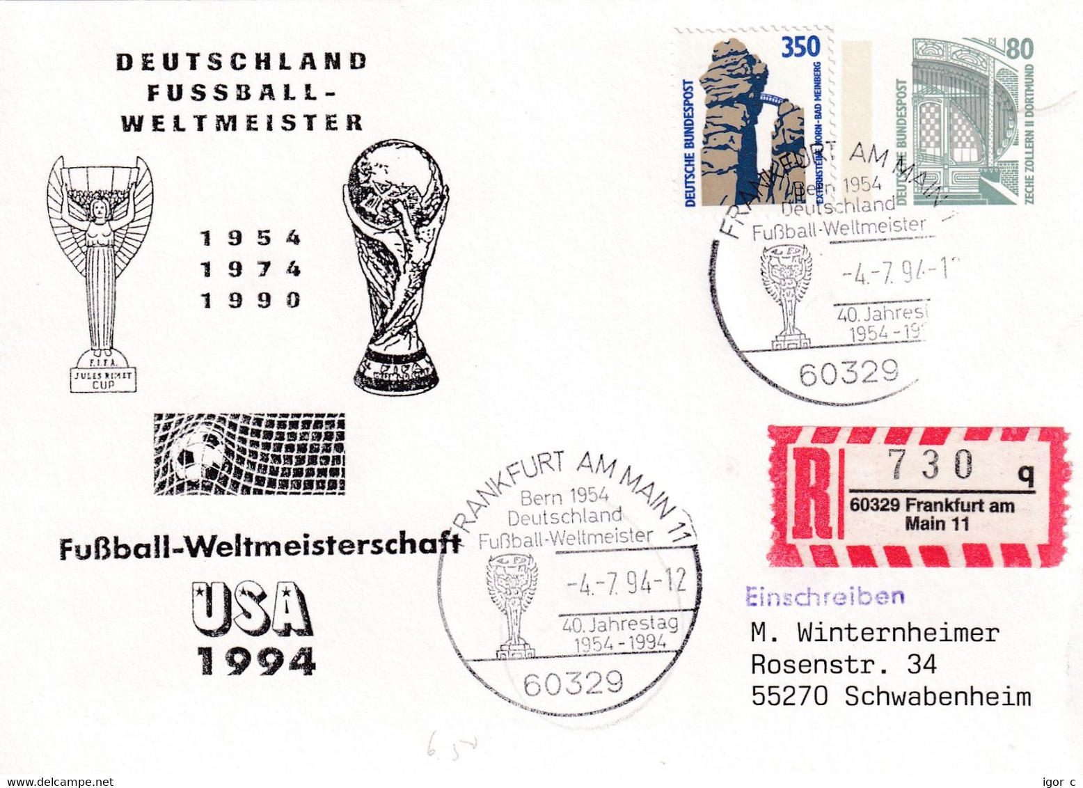 USA 1994 Registered Postal Stationery Card: Football Soccer Calcio Fussball; FIFA World Cup USA; Wunder Von Bern - 1954 – Schweiz