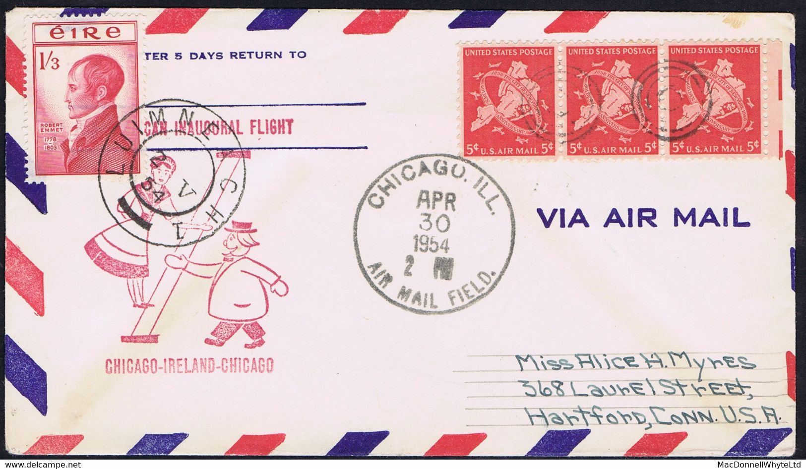 Ireland Airmail 1954 First Flight PAA Chicago-Shannon Plus Return Shannon-Chicago, Combination US+Irish Franking - Poste Aérienne