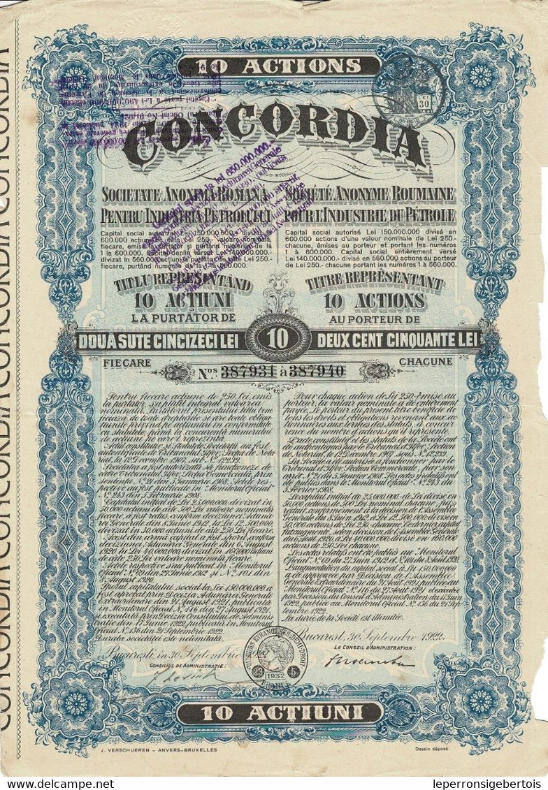 - Titre De 1922 - Concordia - Société Anonyme Roumaine Pour L'Industrie Du Pétrole - Aardolie