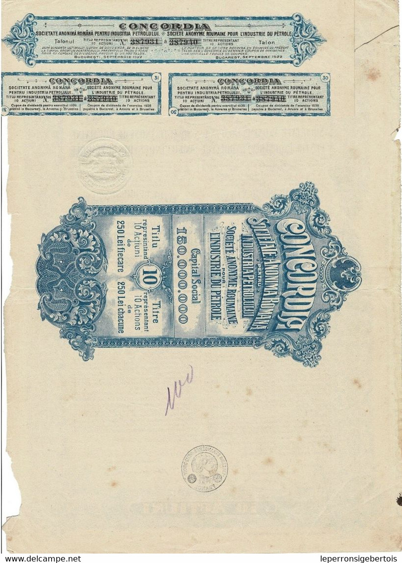 - Titre De 1922 - Concordia - Société Anonyme Roumaine Pour L'Industrie Du Pétrole - Aardolie