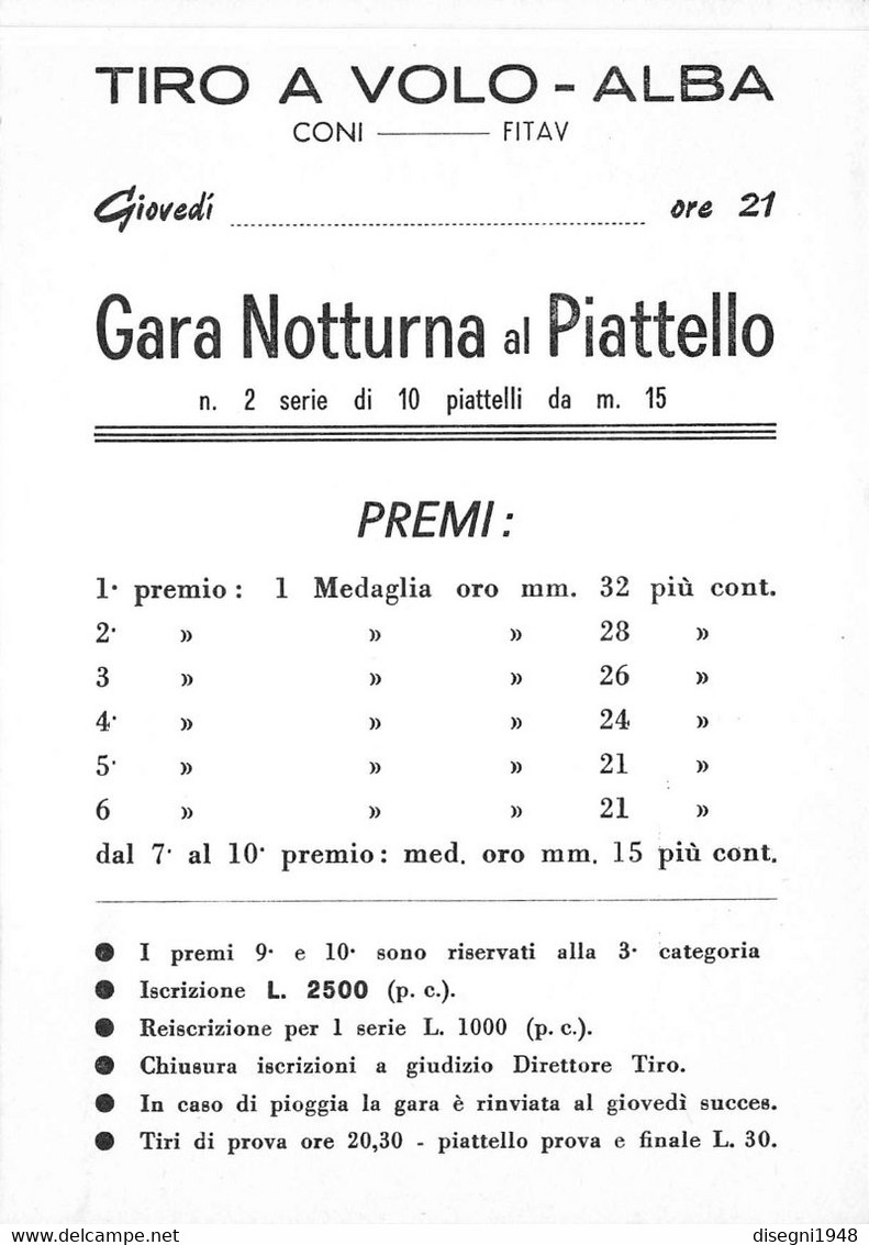 011587 "TIRO A VOLO - ALBA - GARA NOTTURNA AL PIATTELLO" CARTOLINA POSTALE, STAMPE, ORIG. ANNI '50 - Tiro (armas)