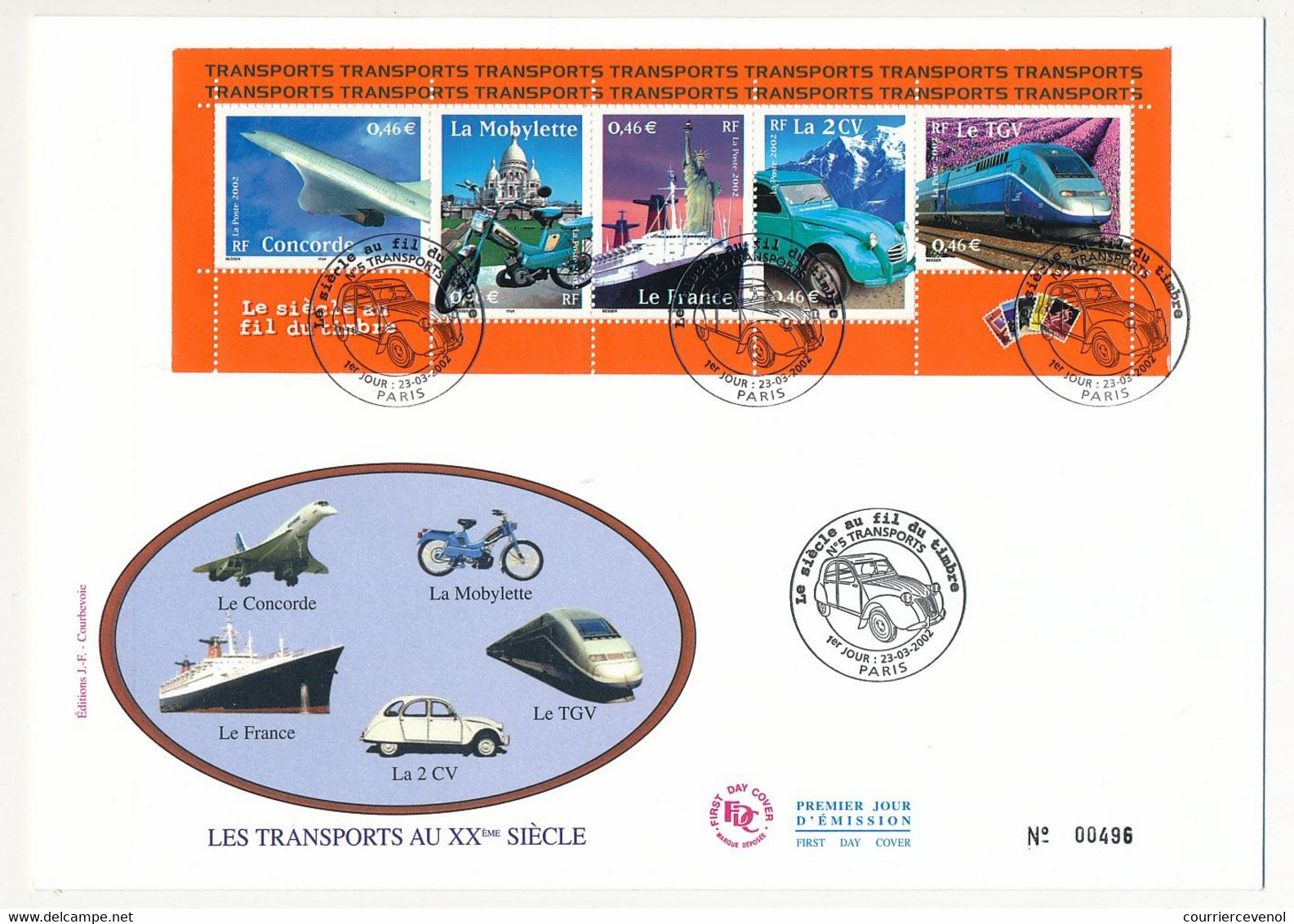 France - FDC - Siècle Fil Du Timbre - Les Transports Au XX° Siècle - Paris ... 23/03/2002 - Cartas & Documentos