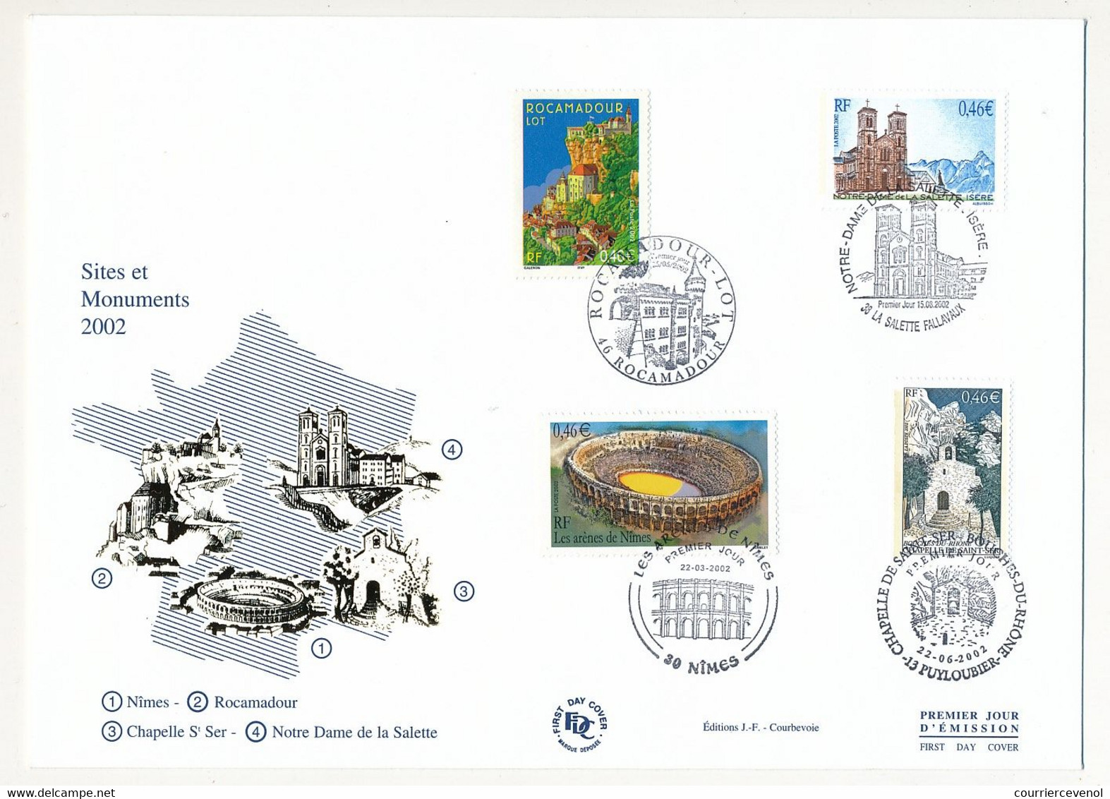 France - Grande Enveloppe FDC Série Touristique 2002 - Nîmes, Rocamadour, Chapelle St Ser, Notre Dame De La Salette - Brieven En Documenten