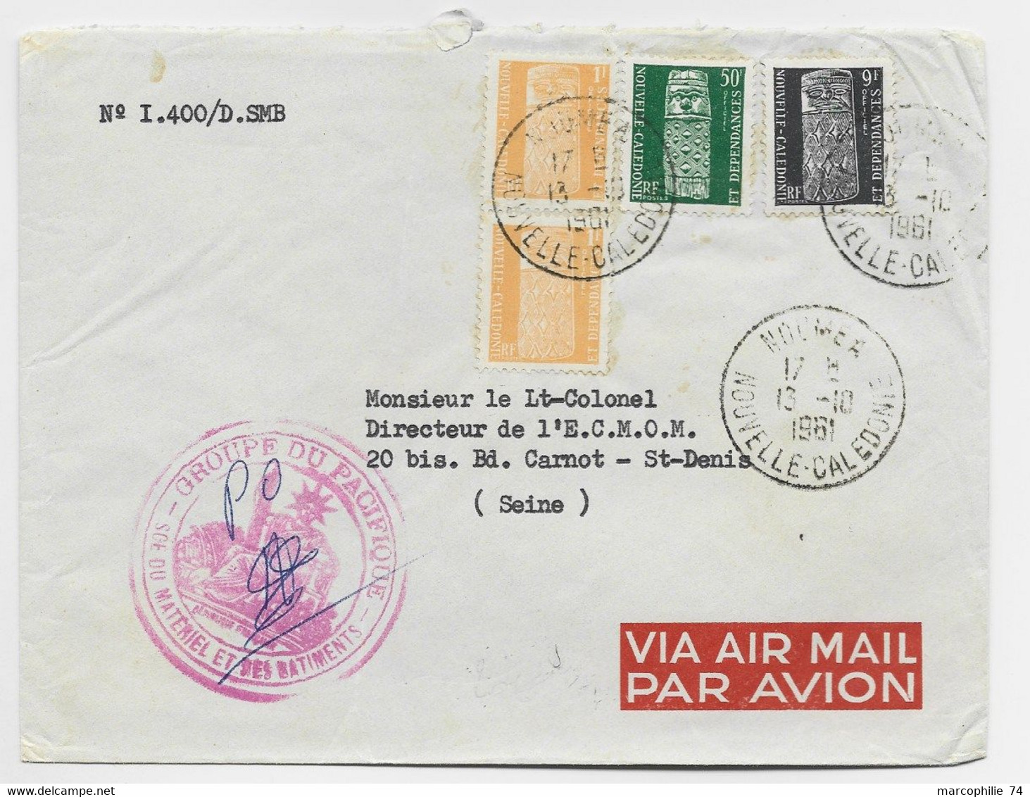 NOUVELLE CALEDONIE OFFICIEL 1FRX2+50FR+9FR LETTRE COVER AVION NOUMEA 13.10.1961 + GROUPE DU PACIFIQUE - Storia Postale