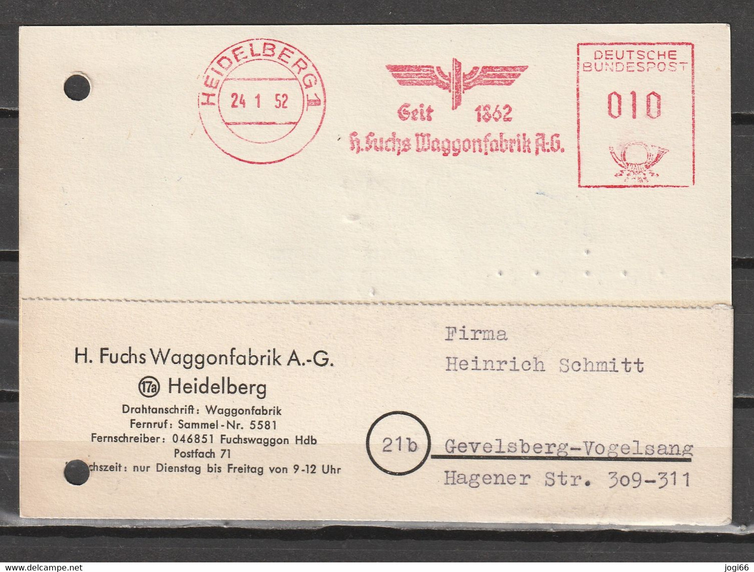 Heidelberg 24.01.52 Heinrich Fuchs Waggonfabrik AG - Maschinenstempel (EMA)