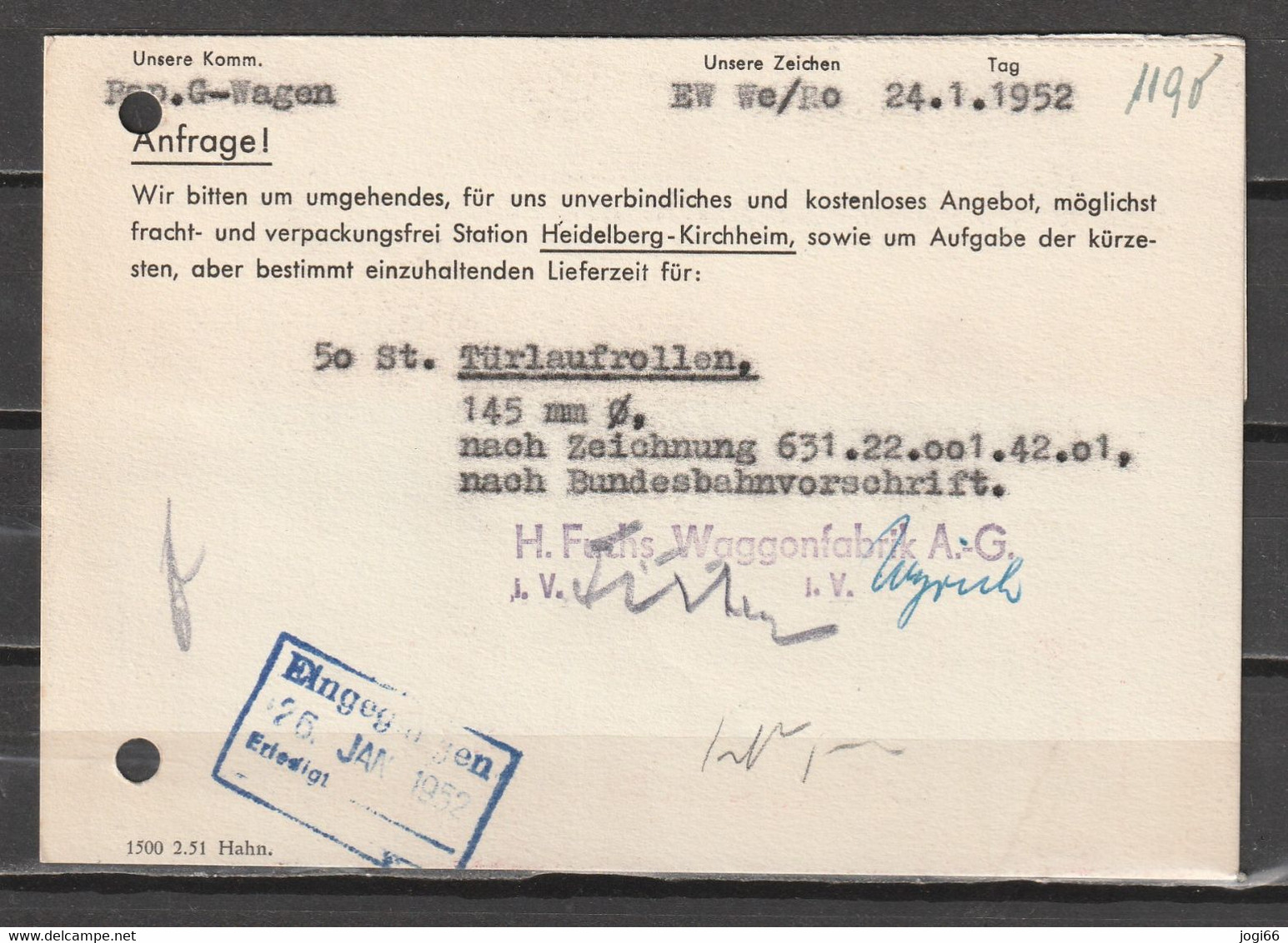 Heidelberg 24.01.52 Heinrich Fuchs Waggonfabrik AG - Maschinenstempel (EMA)