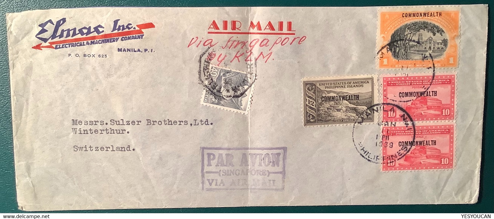 Philippines Manila 1939 PAR AVION SINGAPORE VIA AIR MAIL KLM Cover>TELEGRAPH WINTERTHUR EXPRÉS ! (Schweiz Express Brief - Philippinen