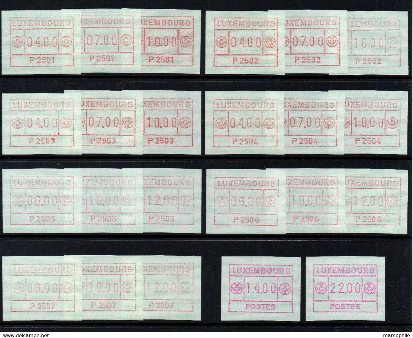 LUXEMBOURG - FRAMA - ATM - DISTRIBUTEURS / 7 SERIES DE 3 VALEURS P2501 A P2507 + 2 VIGNETTES (ref 9223) - Postage Labels