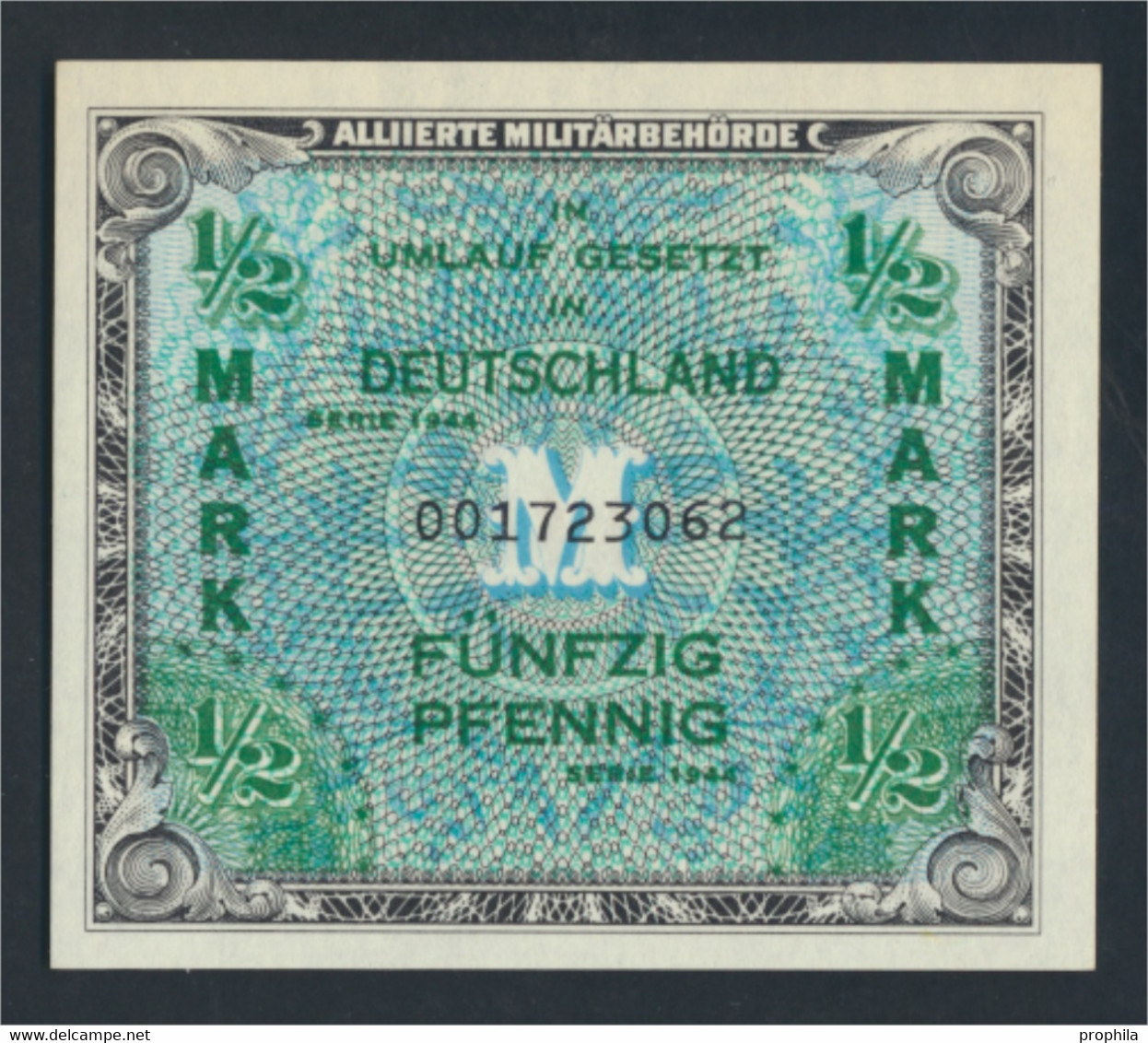 Alliierte Bes.-Gem.Ausg. Rosenbg: 200a, US-Druck Mit F, Kontrollnummer 9stellig Bankfrisch 1944 1/2 Mark (9810791 - 1/2 Mark