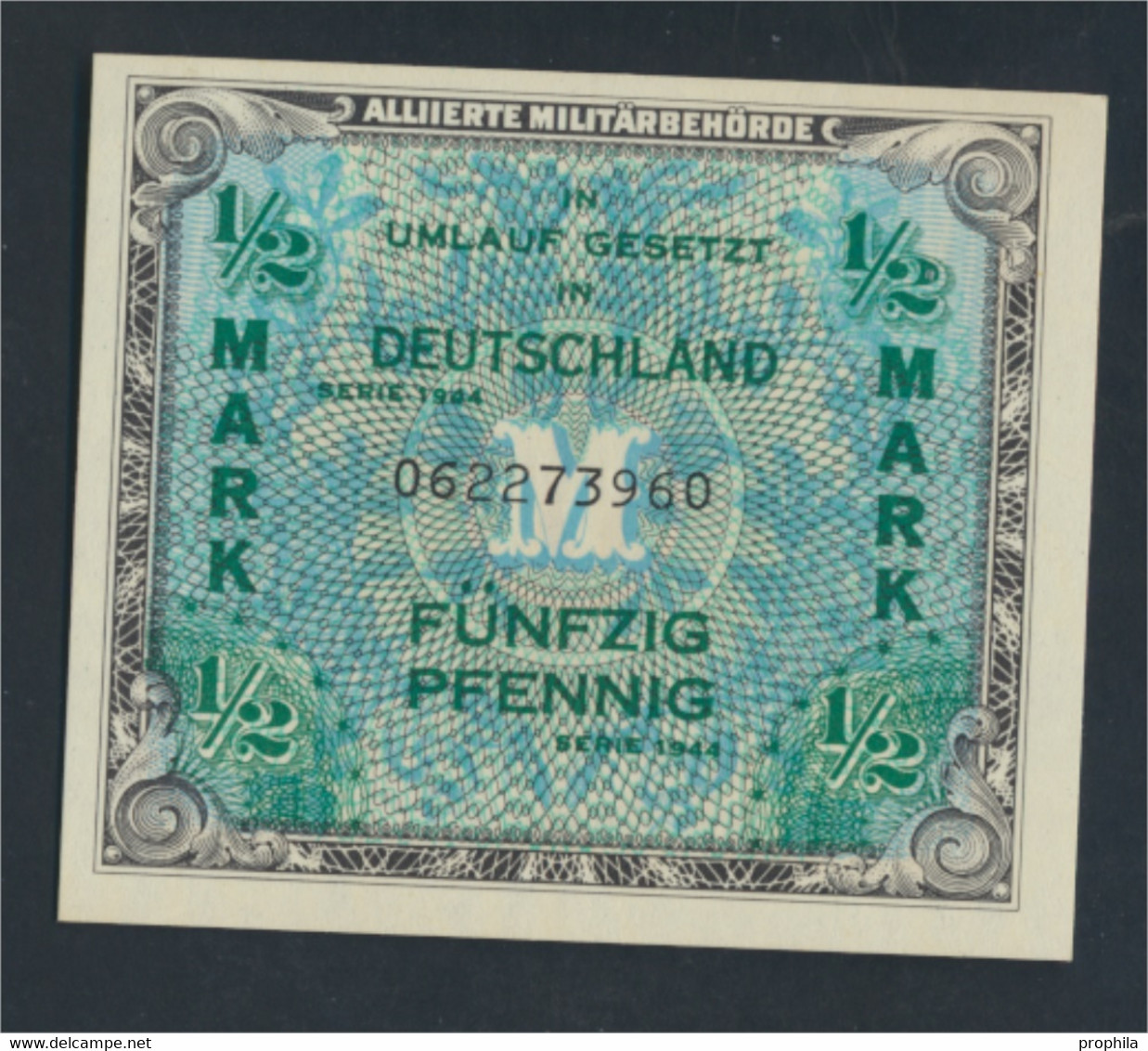 Alliierte Bes.-Gem.Ausg. Rosenbg: 200a, US-Druck Mit F, Kontrollnummer 9stellig Bankfrisch 1944 1/2 Mark (9810792 - 1/2 Mark