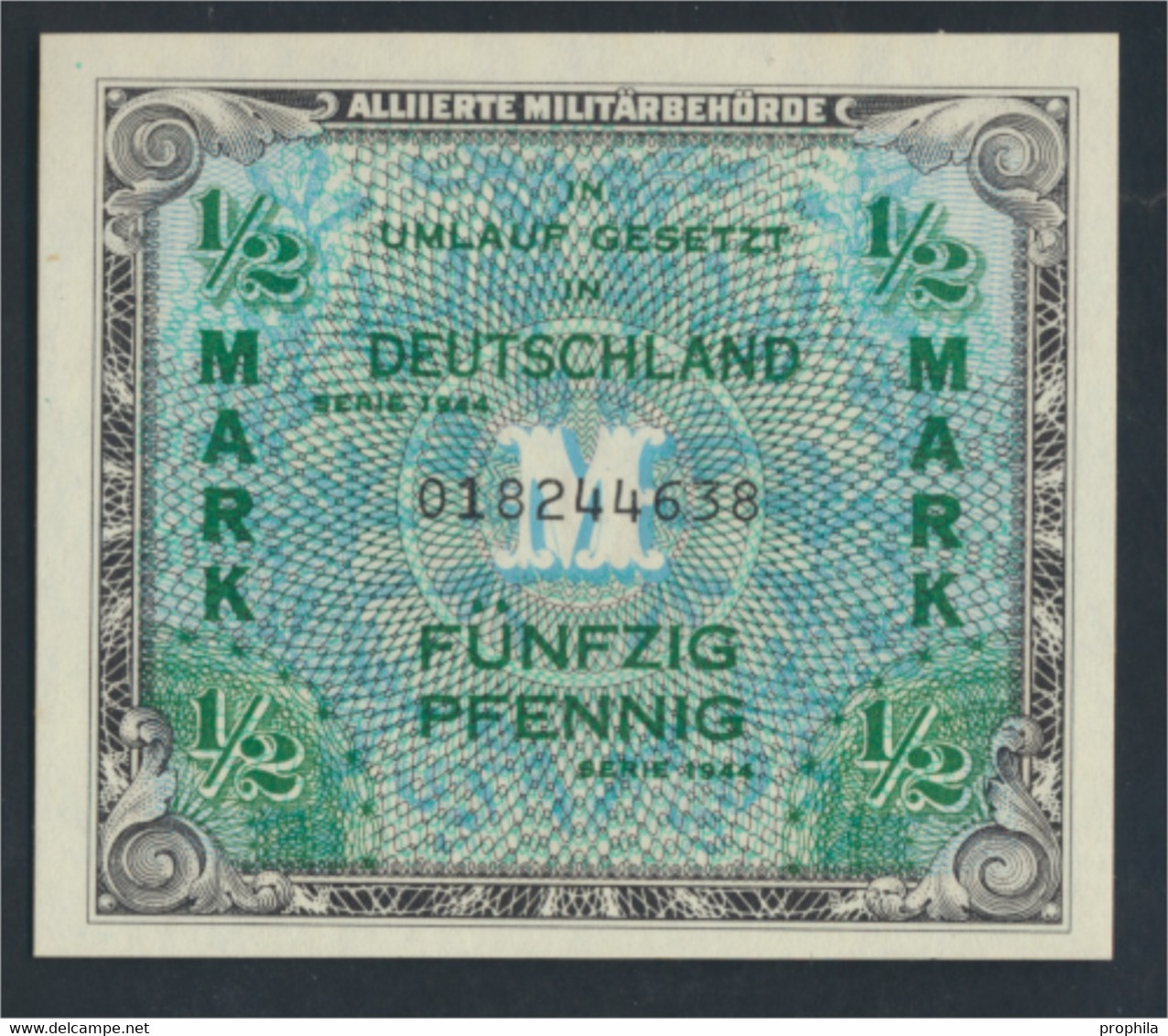 Alliierte Bes.-Gem.Ausg. Rosenbg: 200a, US-Druck Mit F, Kontrollnummer 9stellig Bankfrisch 1944 1/2 Mark (9810794 - 1/2 Mark