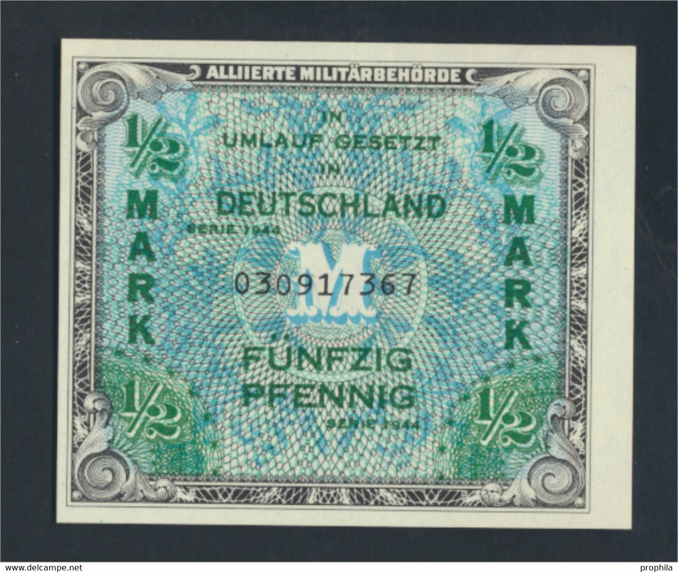 Alliierte Bes.-Gem.Ausg. Rosenbg: 200a, US-Druck Mit F, Kontrollnummer 9stellig Bankfrisch 1944 1/2 Mark (9810795 - 1/2 Mark