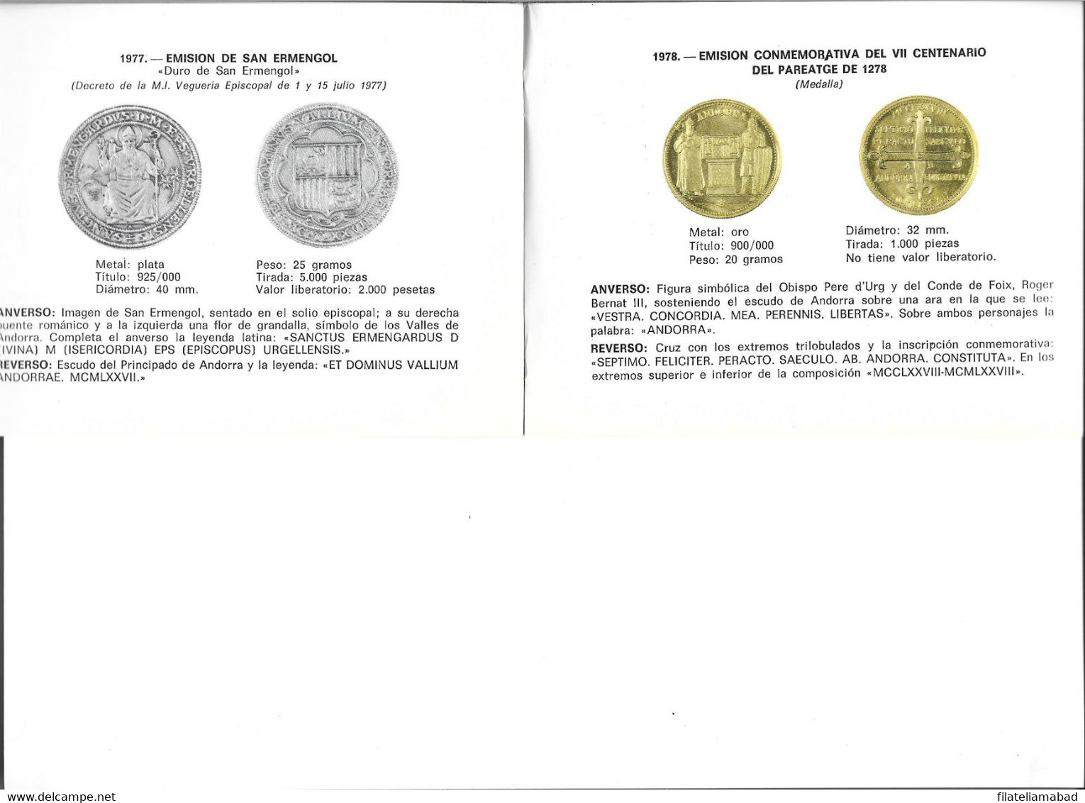 ANDORRA PRIMER CATÁLOGO DE MONEDAS EMISSIONS NUMISMÁTIQUES DE S.E. EL COPRINCEP EPISCOPAL.(C.V CATALOGOS) - Episcopal Viguerie