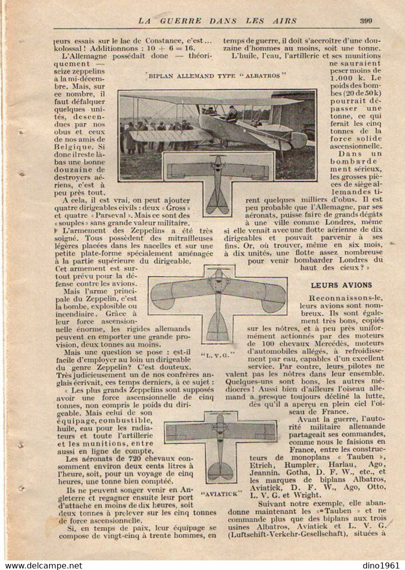 VP20.107 - Guerre 14 / 18 - Extrait de la Revue ¨ La Science et la vie ¨ La Guerre dans les Airs ¨ L'Aéronautique ¨