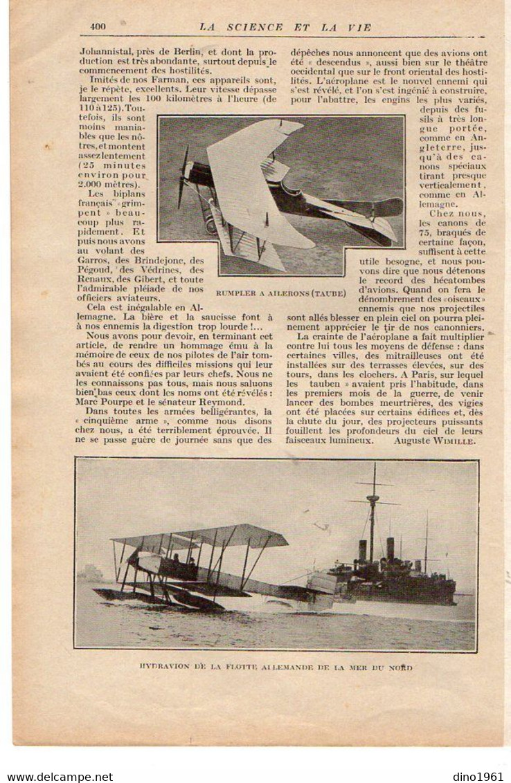 VP20.107 - Guerre 14 / 18 - Extrait de la Revue ¨ La Science et la vie ¨ La Guerre dans les Airs ¨ L'Aéronautique ¨