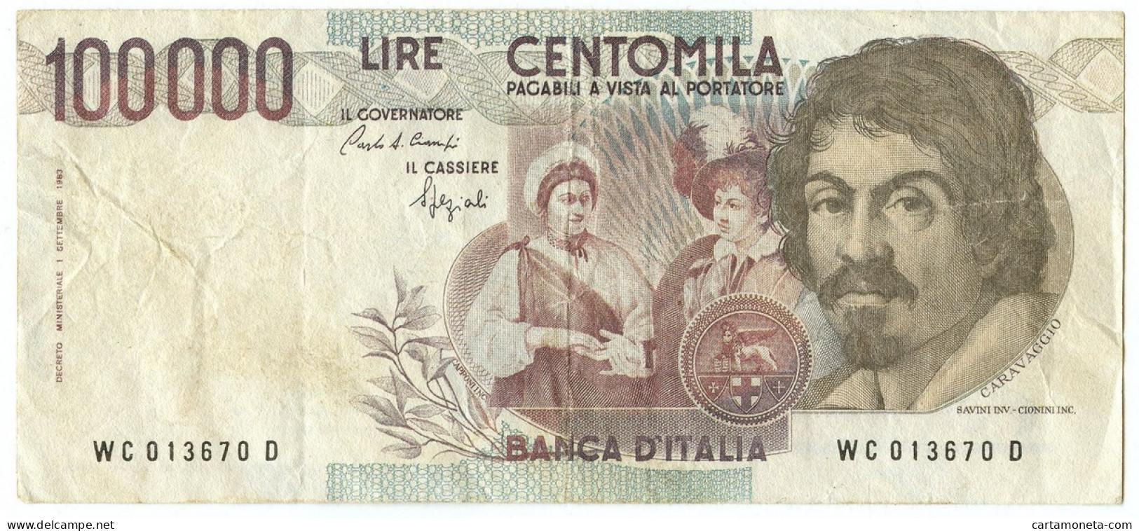 100000 LIRE FALSO D'EPOCA BANCA D'ITALIA CARAVAGGIO I TIPO 01/12/1986 BB - [ 8] Fictifs & Specimens