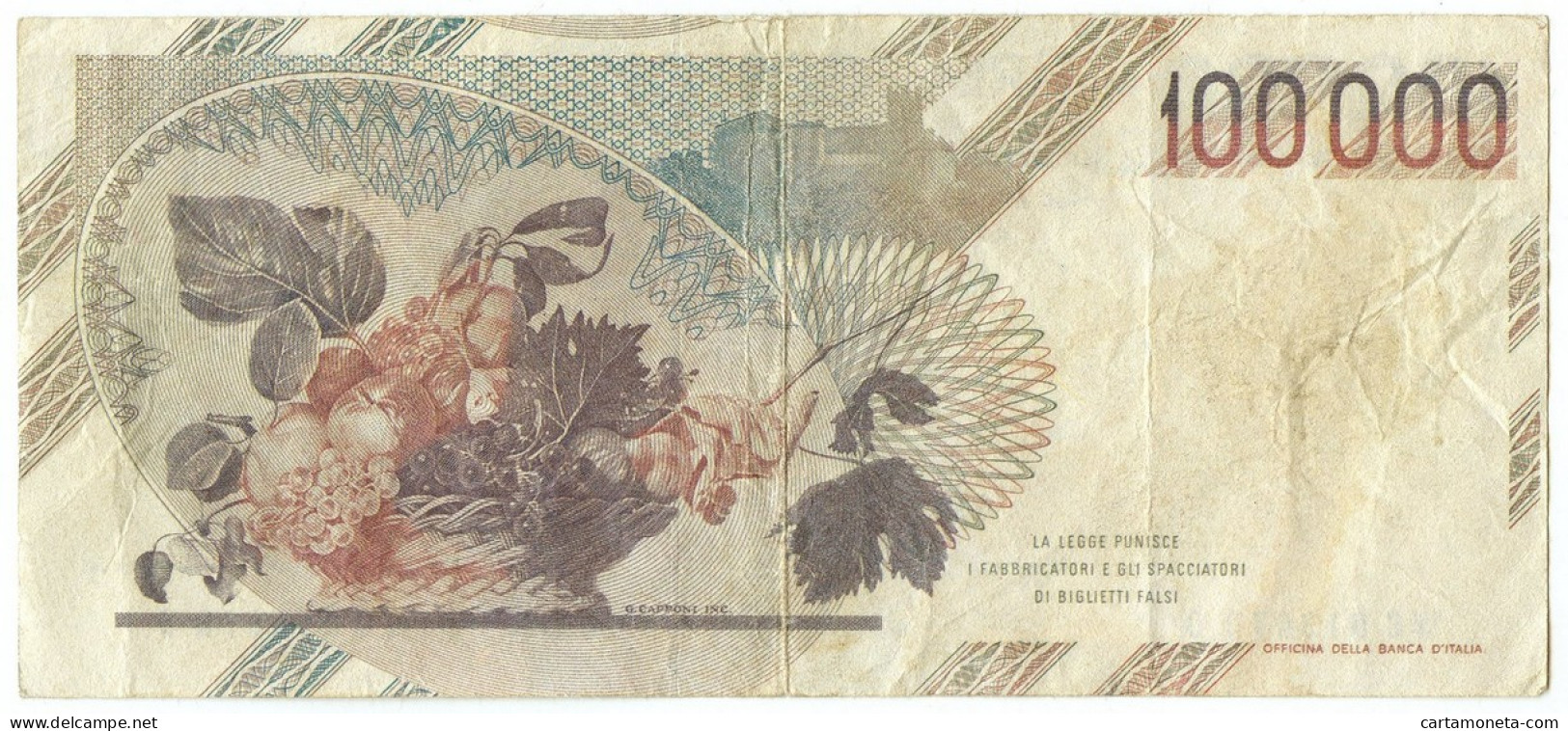 100000 LIRE FALSO D'EPOCA BANCA D'ITALIA CARAVAGGIO I TIPO 01/12/1986 BB - [ 8] Fictifs & Specimens