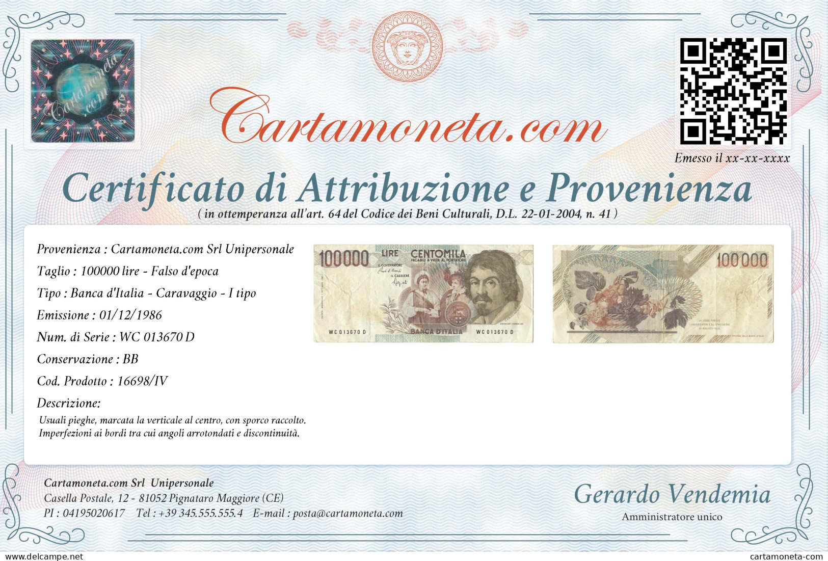 100000 LIRE FALSO D'EPOCA BANCA D'ITALIA CARAVAGGIO I TIPO 01/12/1986 BB - [ 8] Fakes & Specimens