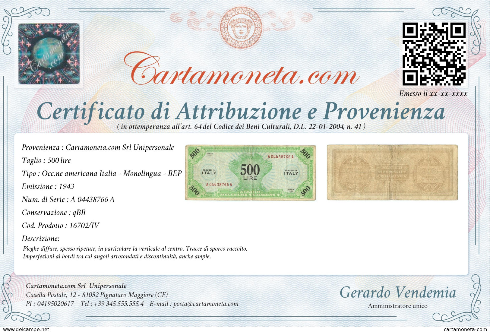 500 LIRE OCCUPAZIONE AMERICANA IN ITALIA MONOLINGUA BEP 1943 QBB - 2. WK - Alliierte Besatzung