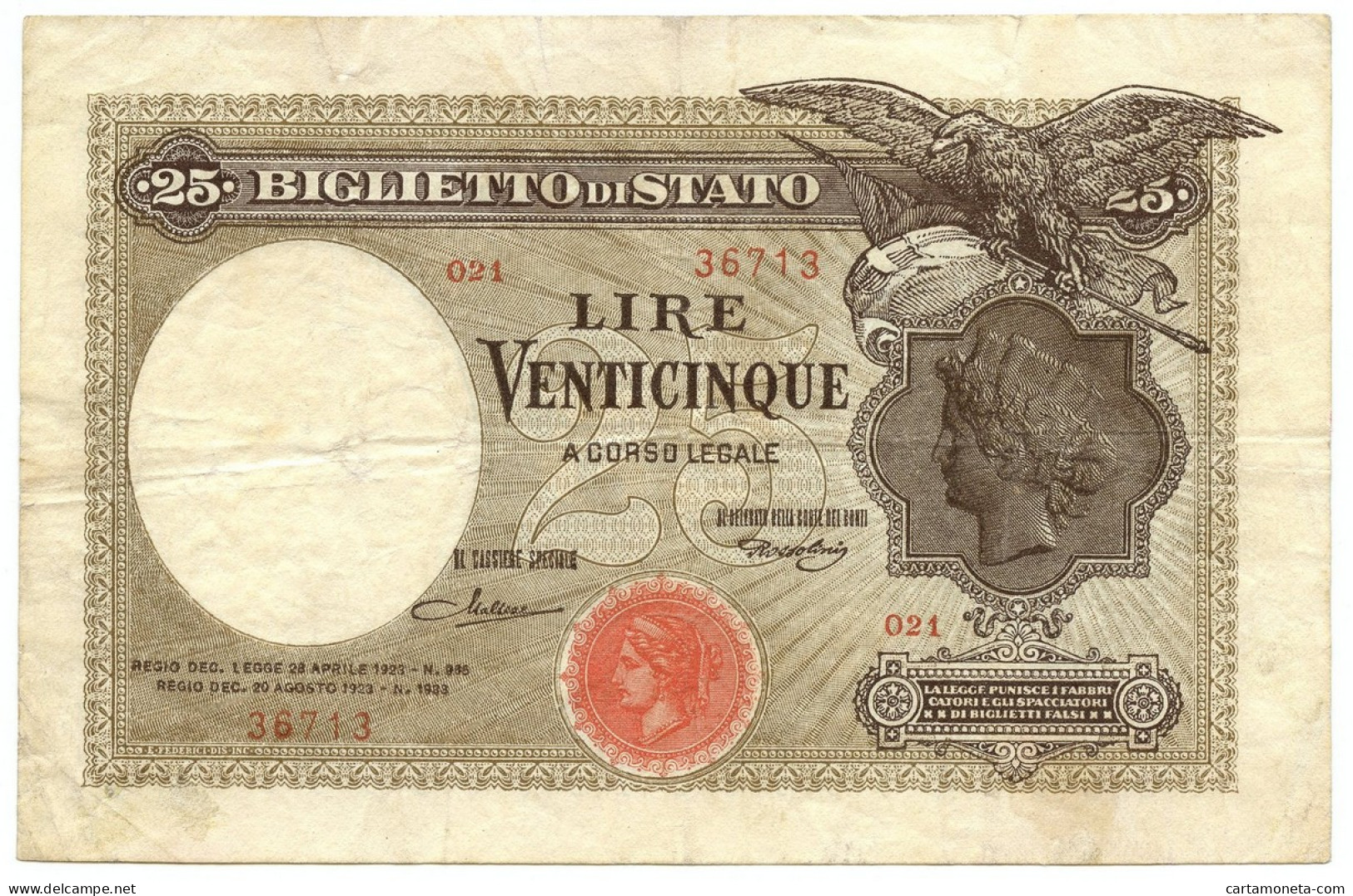 25 LIRE BIGLIETTO DI STATO AQUILA CON BANDIERA SABAUDA 27/09/1923 BB - Andere