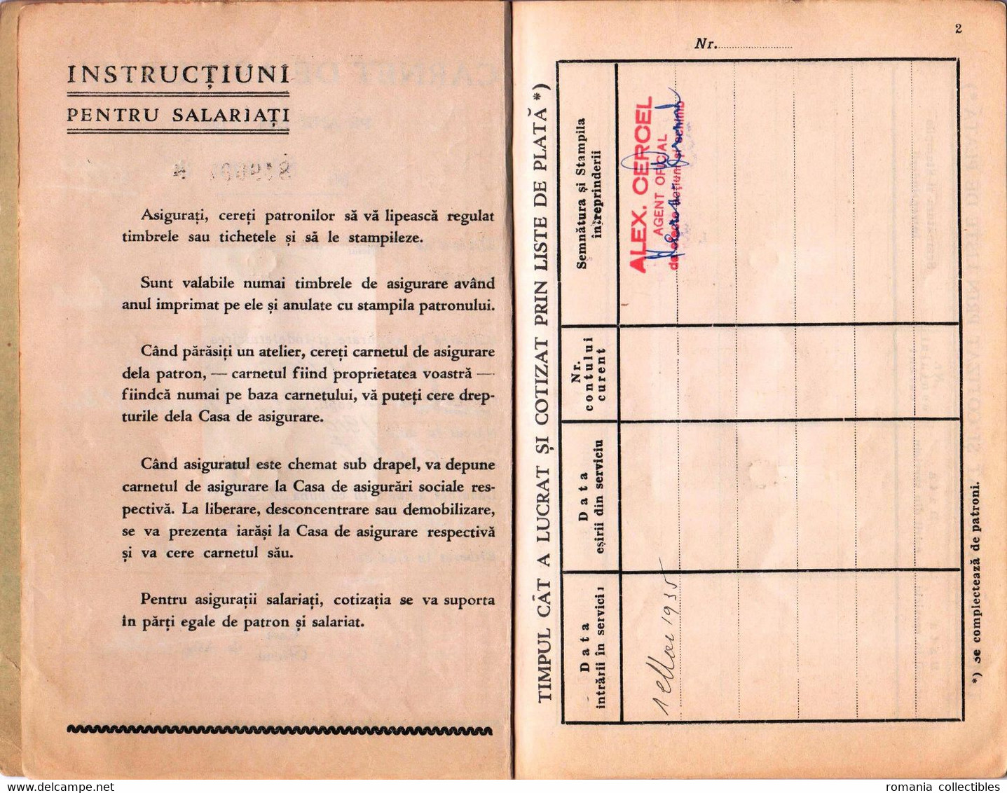 Romania, 1934, Social Insurance Member Card - Revenue Fiscal Stamps / Cinderellas - Fiscales