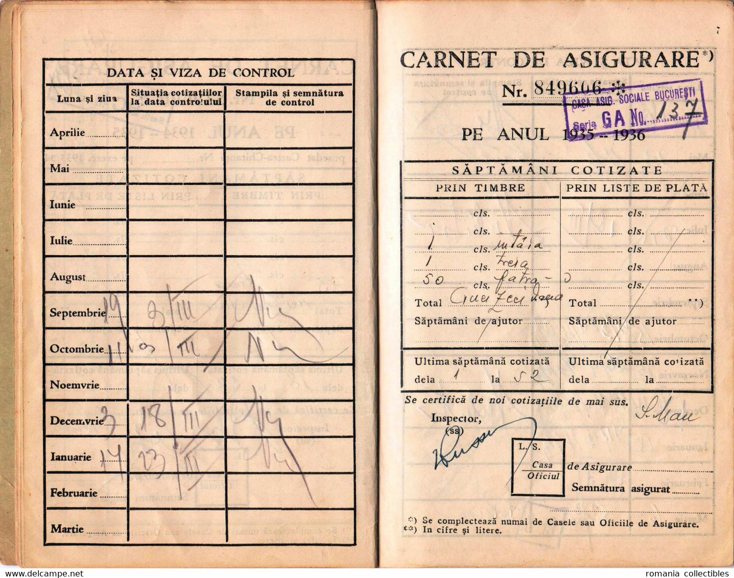 Romania, 1934, Social Insurance Member Card - Revenue Fiscal Stamps / Cinderellas