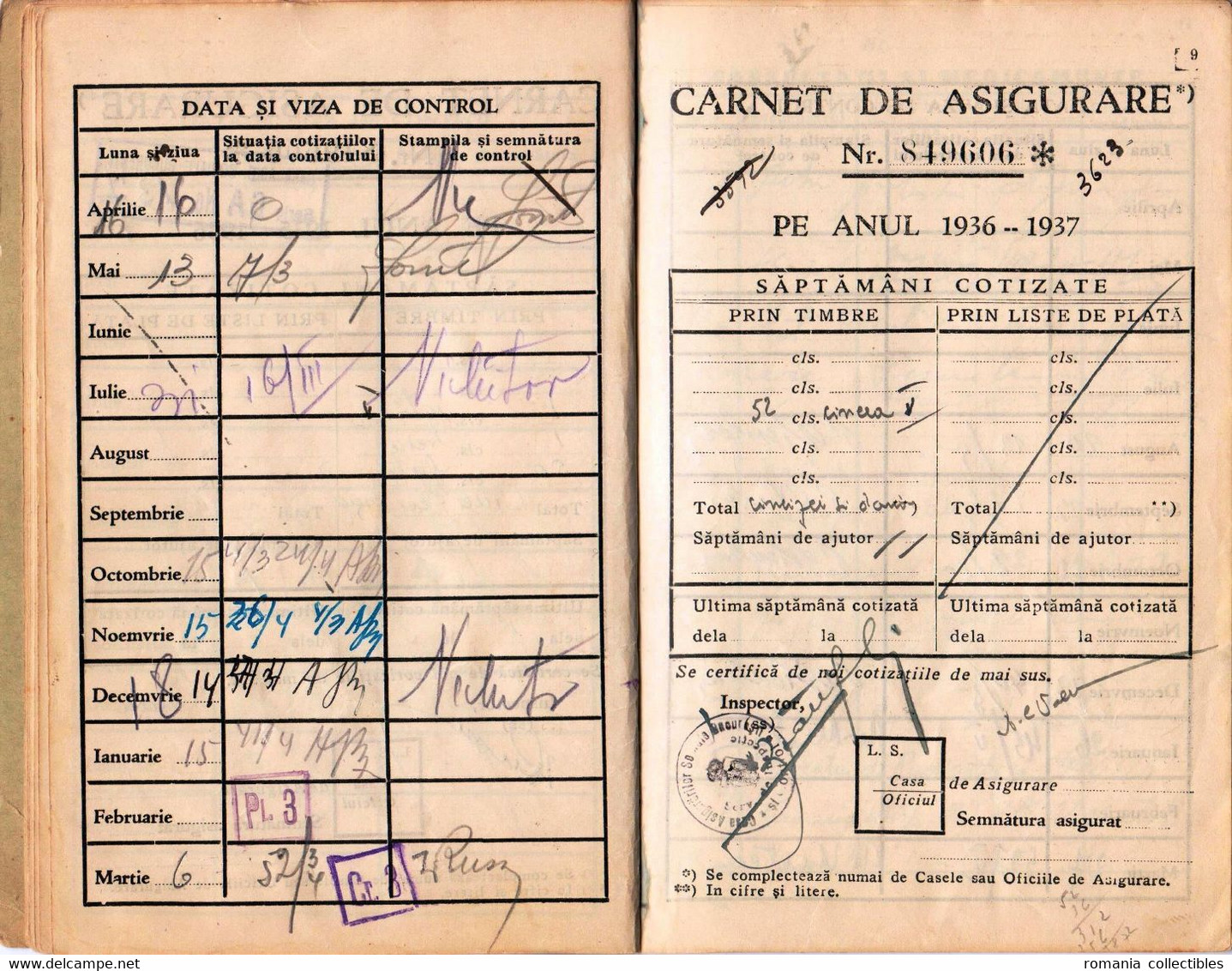 Romania, 1934, Social Insurance Member Card - Revenue Fiscal Stamps / Cinderellas